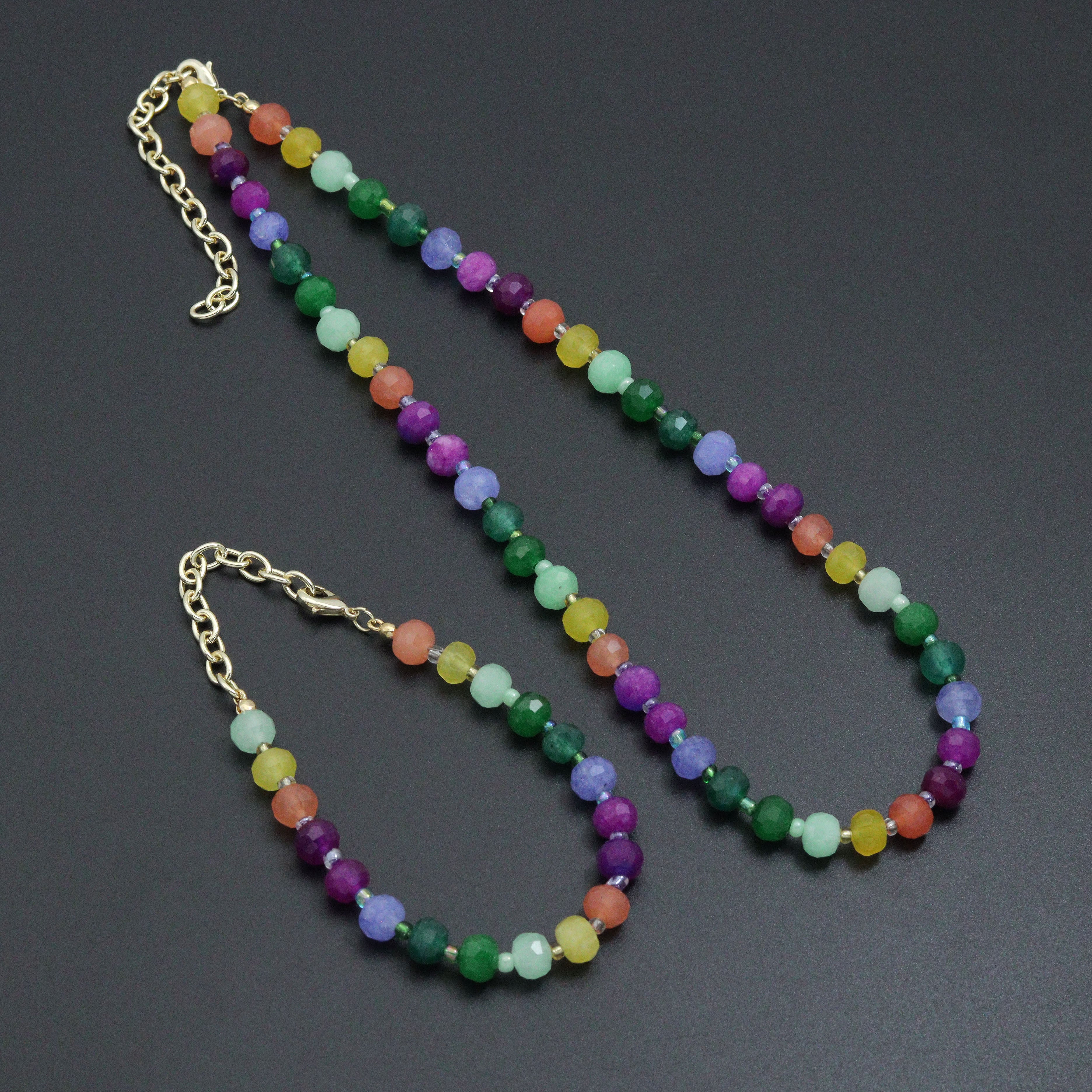 Colorful jade beads jewelry set featuring an adjustable necklace and bracelet from Bestbeads&Beyond, with vibrant, polished gemstone beads.