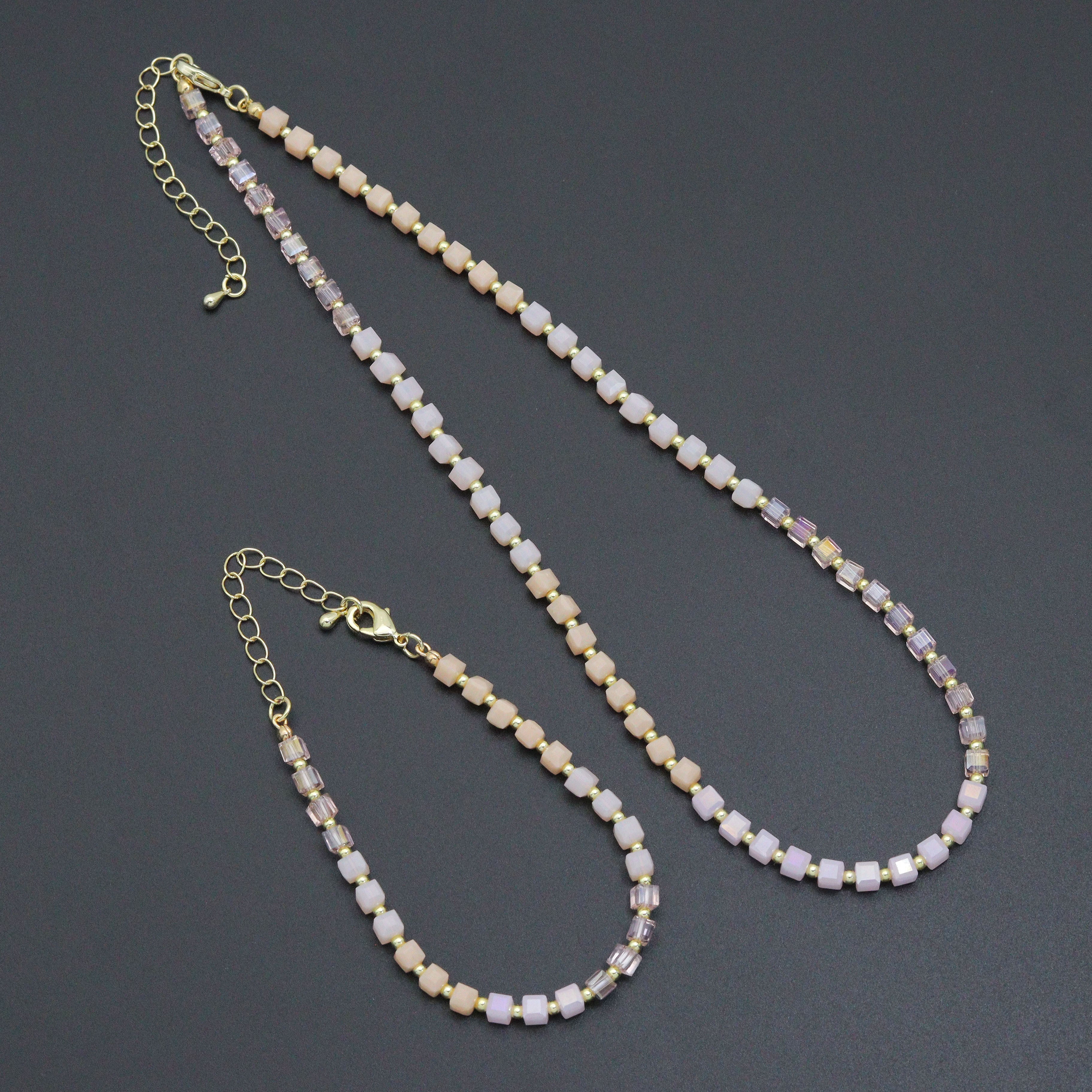 Bestbeads&Beyond ombré pink champagne cube beads jewelry set with matching necklace and bracelet, stylish and elegant accessory.