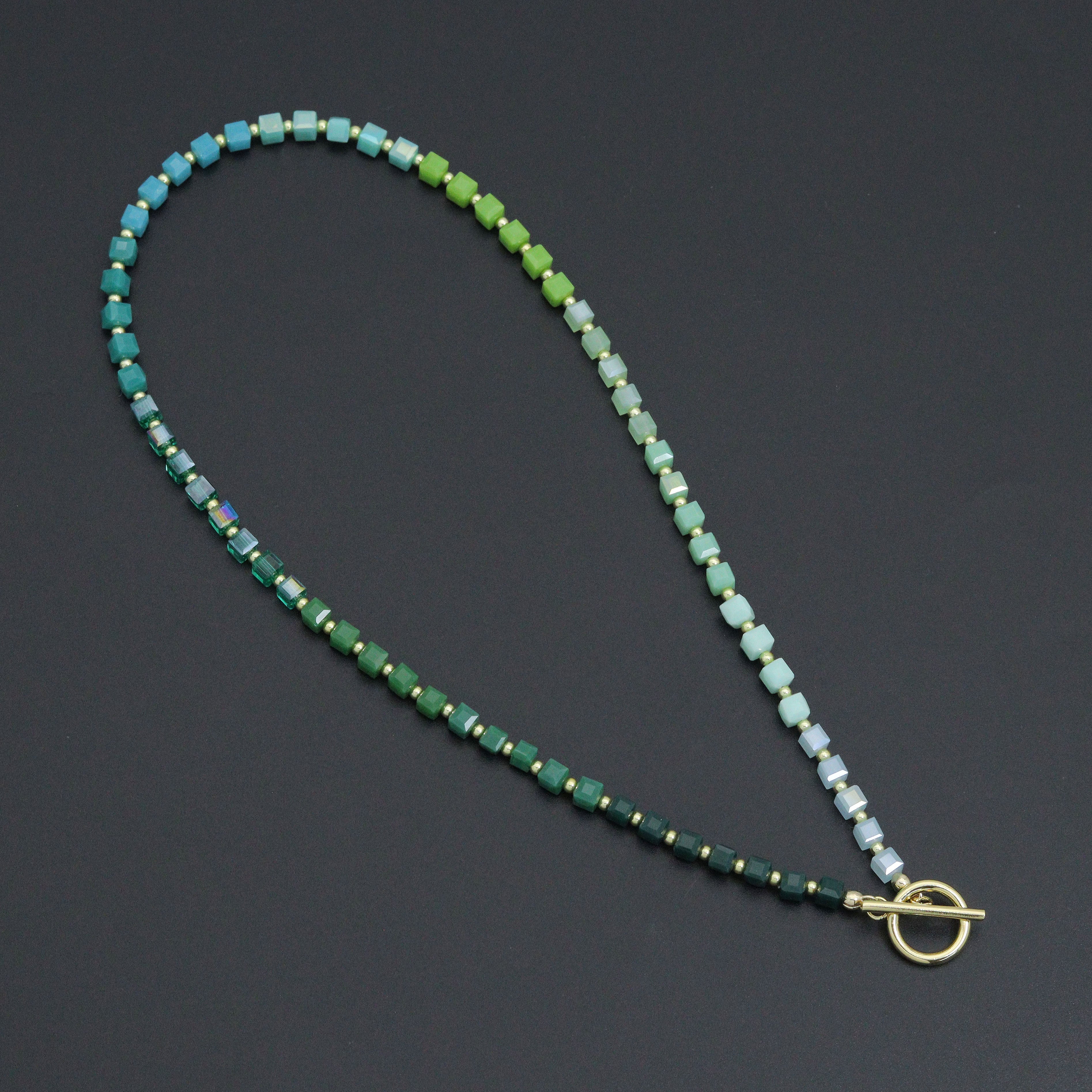 Ombré green cube stone necklace with toggle clasp by Bestbeads&Beyond, featuring vibrant green stone beads and silver toggle closure.