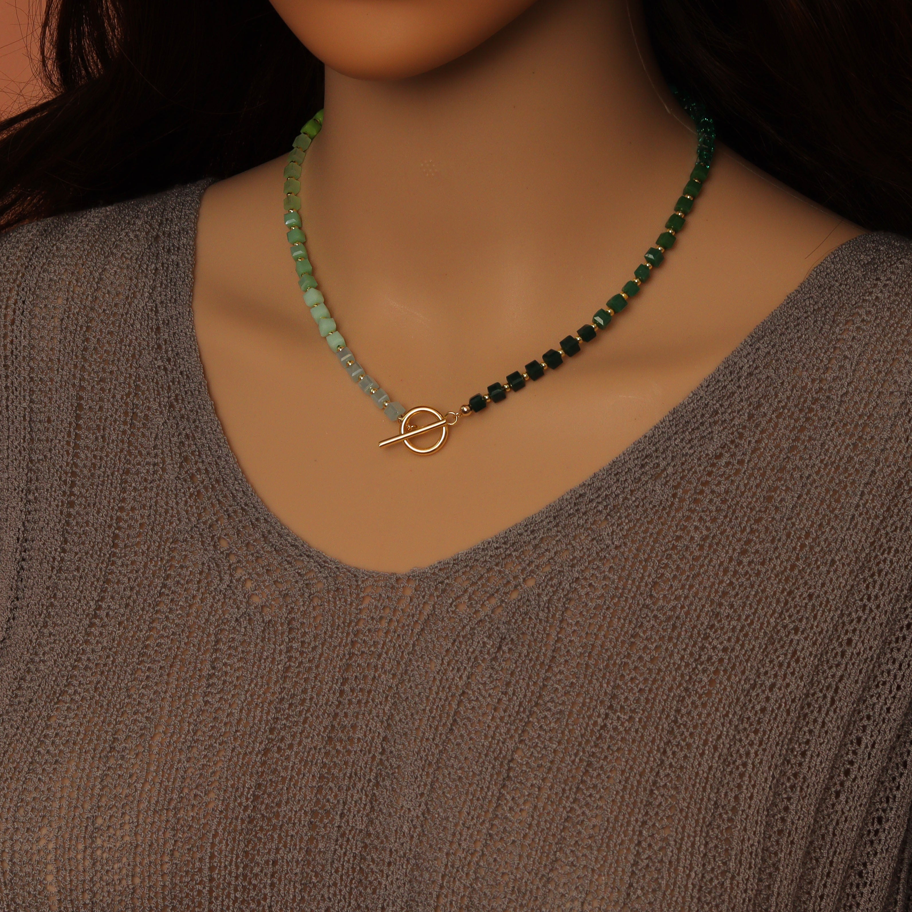 Ombré green cube stone necklace with toggle clasp by Bestbeads&Beyond, showcasing vibrant green stones and stylish design.