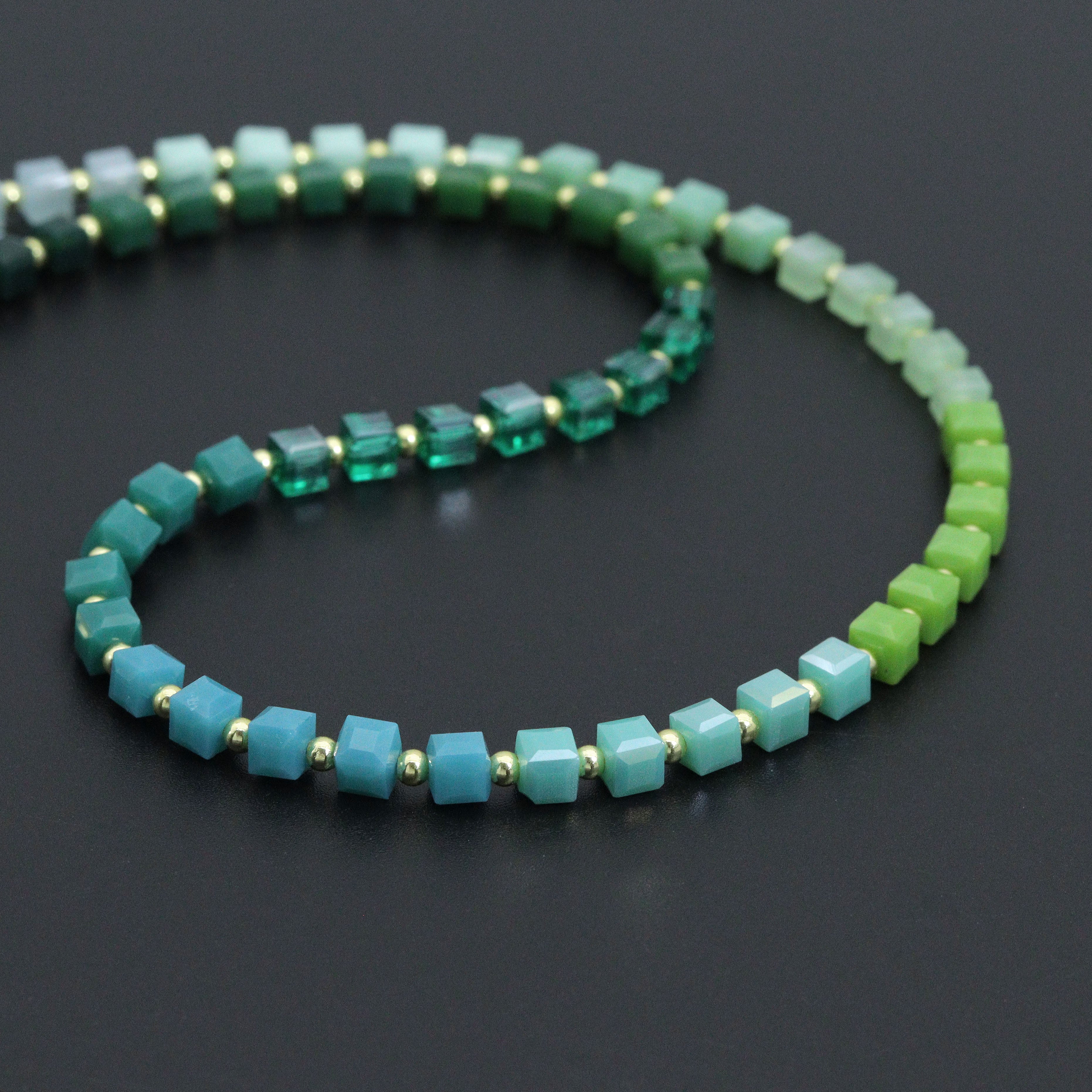 Ombré green cube stone necklace with toggle clasp by Bestbeads&Beyond, showcasing vibrant green stones and a secure toggle closure.
