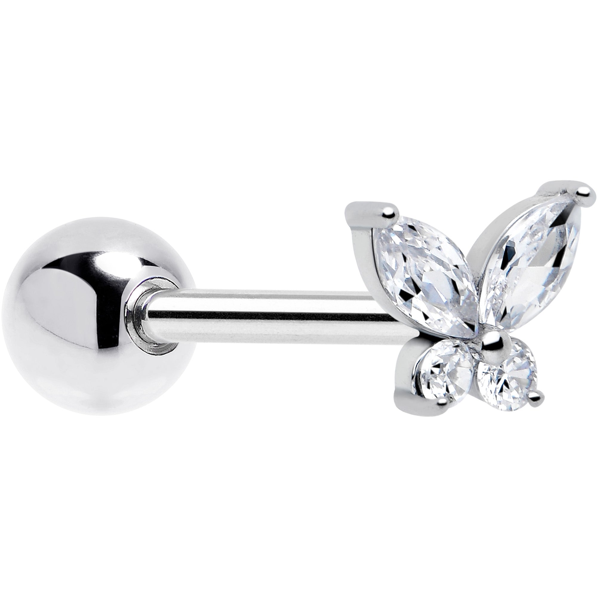 Clear CZ gem open wing butterfly barbell tongue ring by BodyCandy with a decorative butterfly design and sparkling gemstone.
