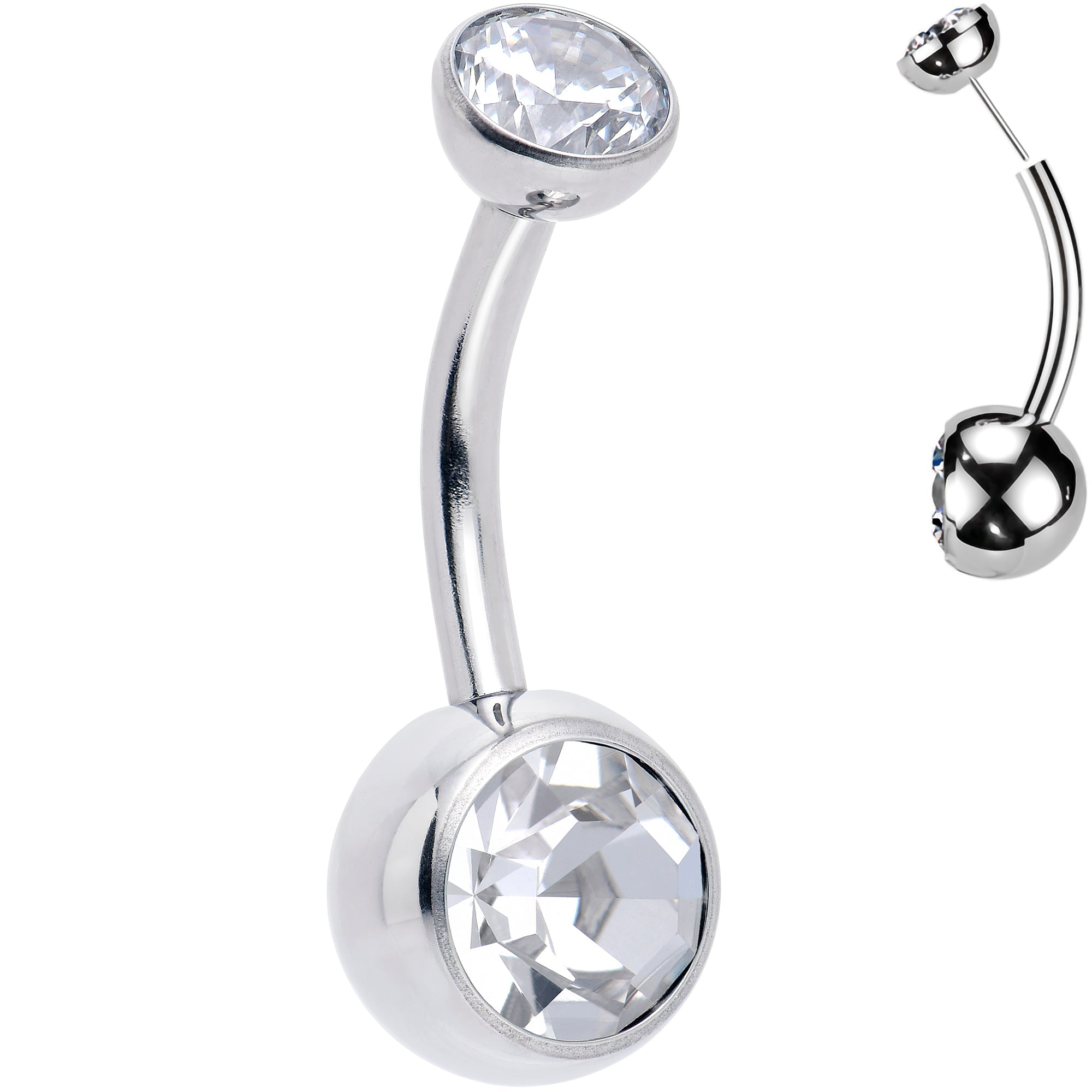 Double CZ implant-grade titanium threadless bezel belly ring by BodyCandy with sparkling stones and secure push-in design.