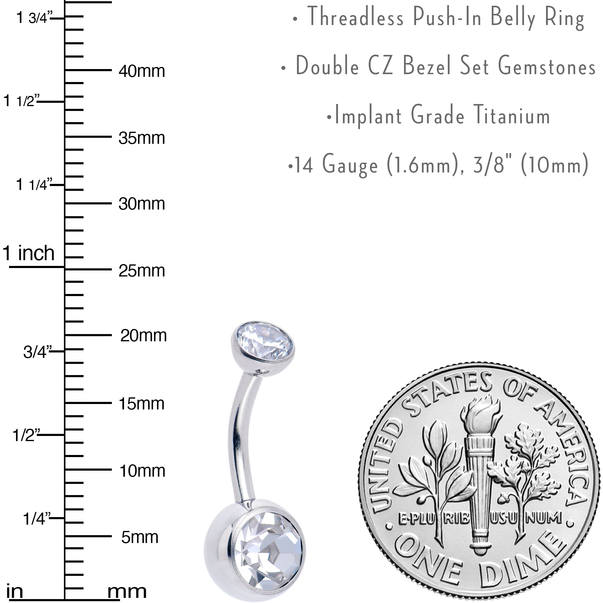 Double CZ implant grade titanium threadless bezel belly ring by BodyCandy, featuring a sleek push-in design and sparkling stones.
