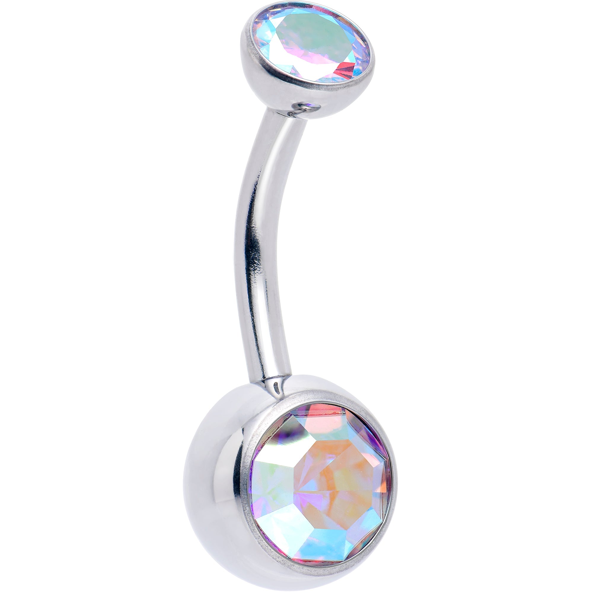 Double CZ implant-grade titanium threadless bezel belly ring, BodyCandy, with sparkling stones and smooth push-in design.