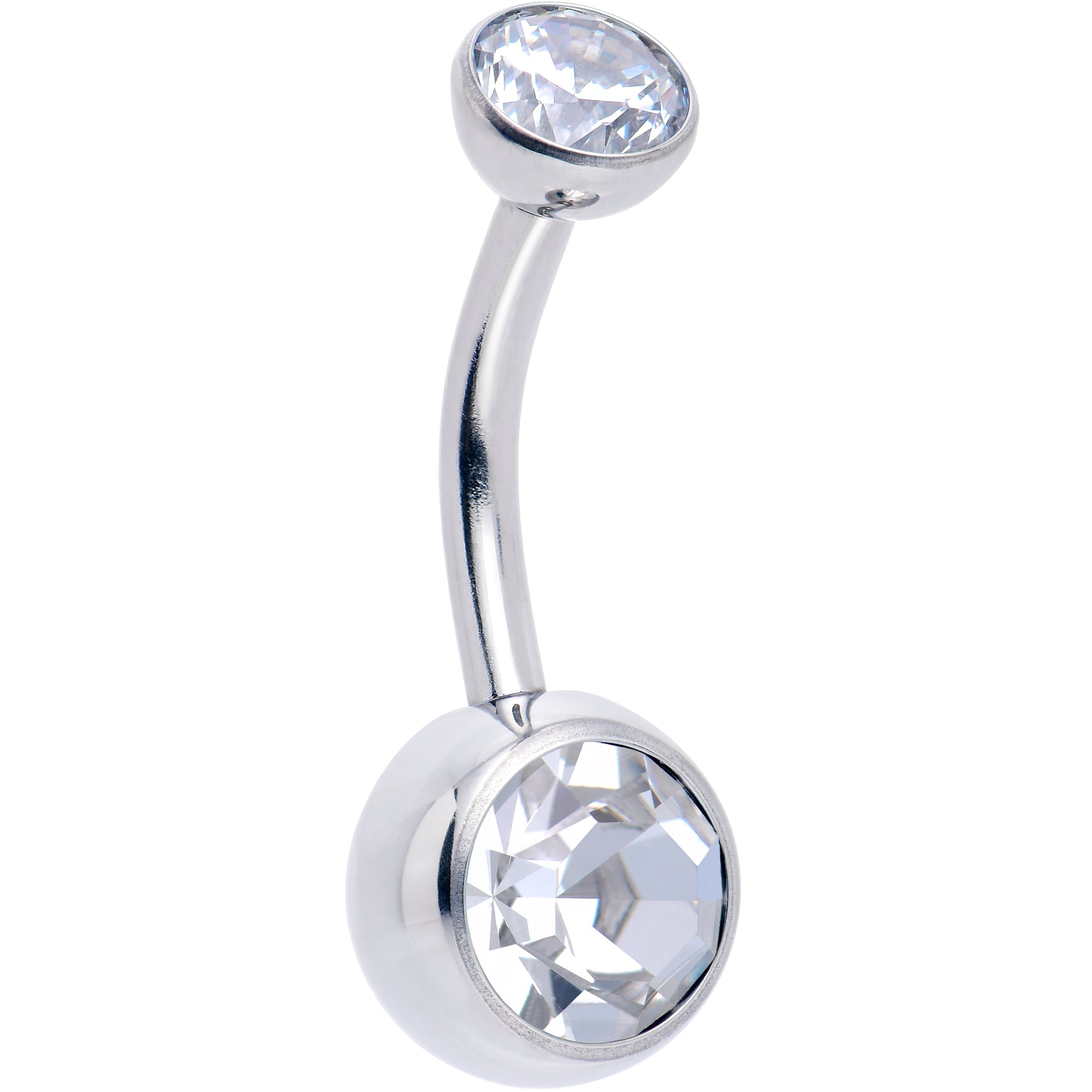 Double CZ implant grade titanium threadless bezel push-in belly ring for body piercing with sparkling stones and sleek design.