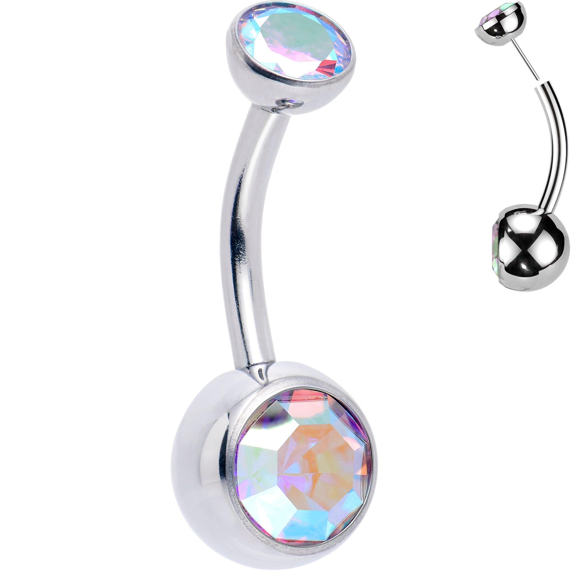 Double CZ implant-grade titanium threadless bezel belly ring by BodyCandy, featuring a sleek push-in design and sparkling gemstones.
