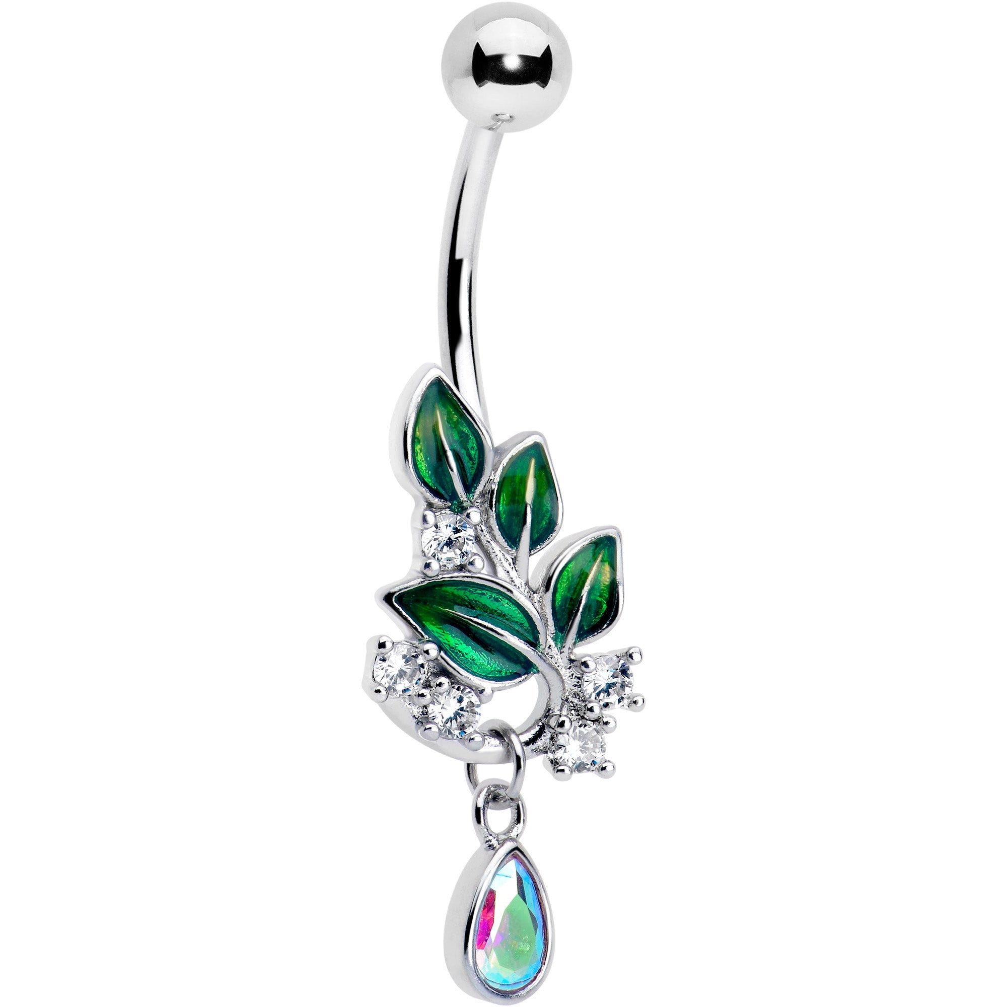 Aurora CZ gem morning leaves dangle belly ring by BodyCandy, featuring sparkling stones and leaf design for belly piercing jewelry.