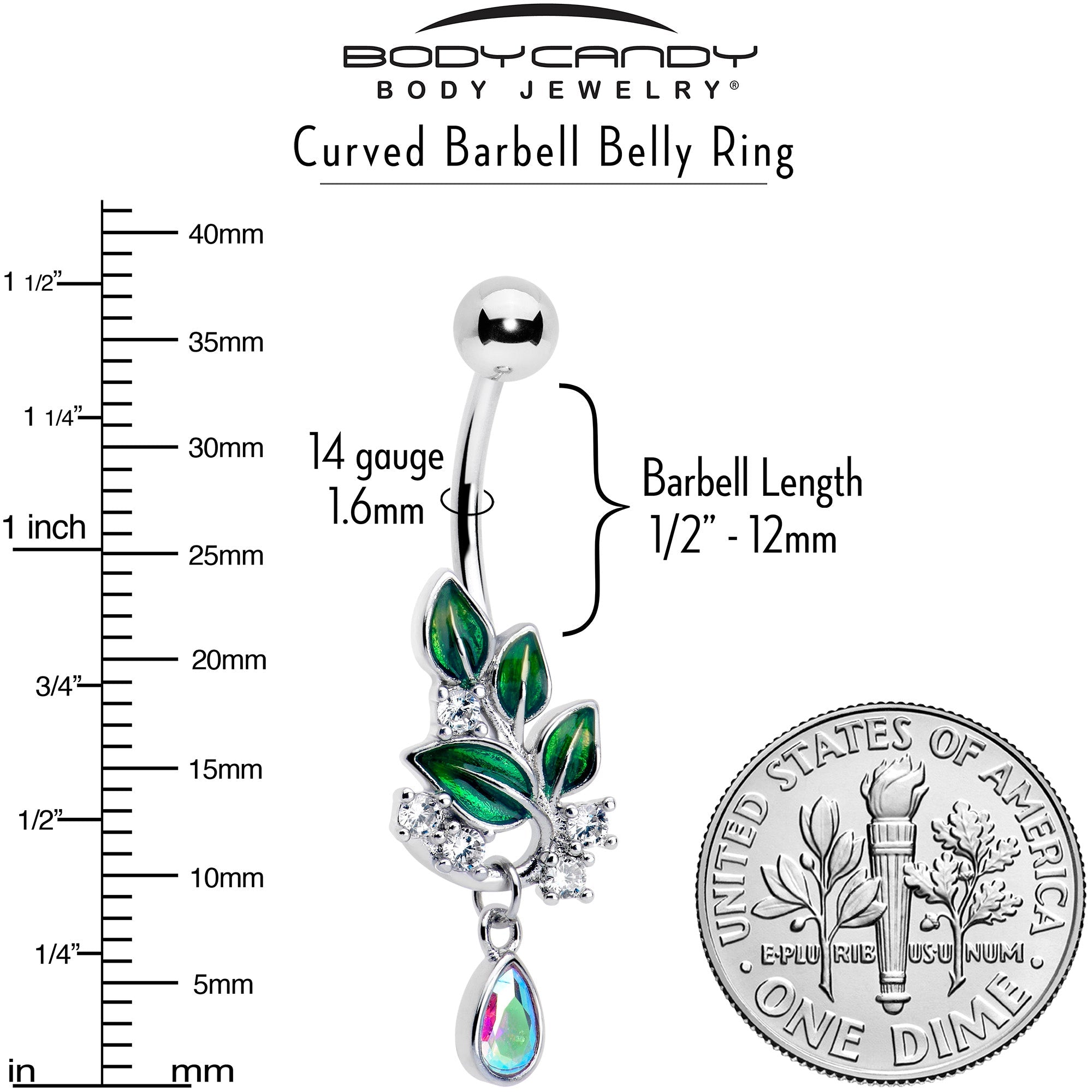 Aurora CZ Gem Morning Leaves Dangle Belly Ring by BodyCandy showing a silver belly ring with leaf-shaped CZ gemstones and dangling leaf charms