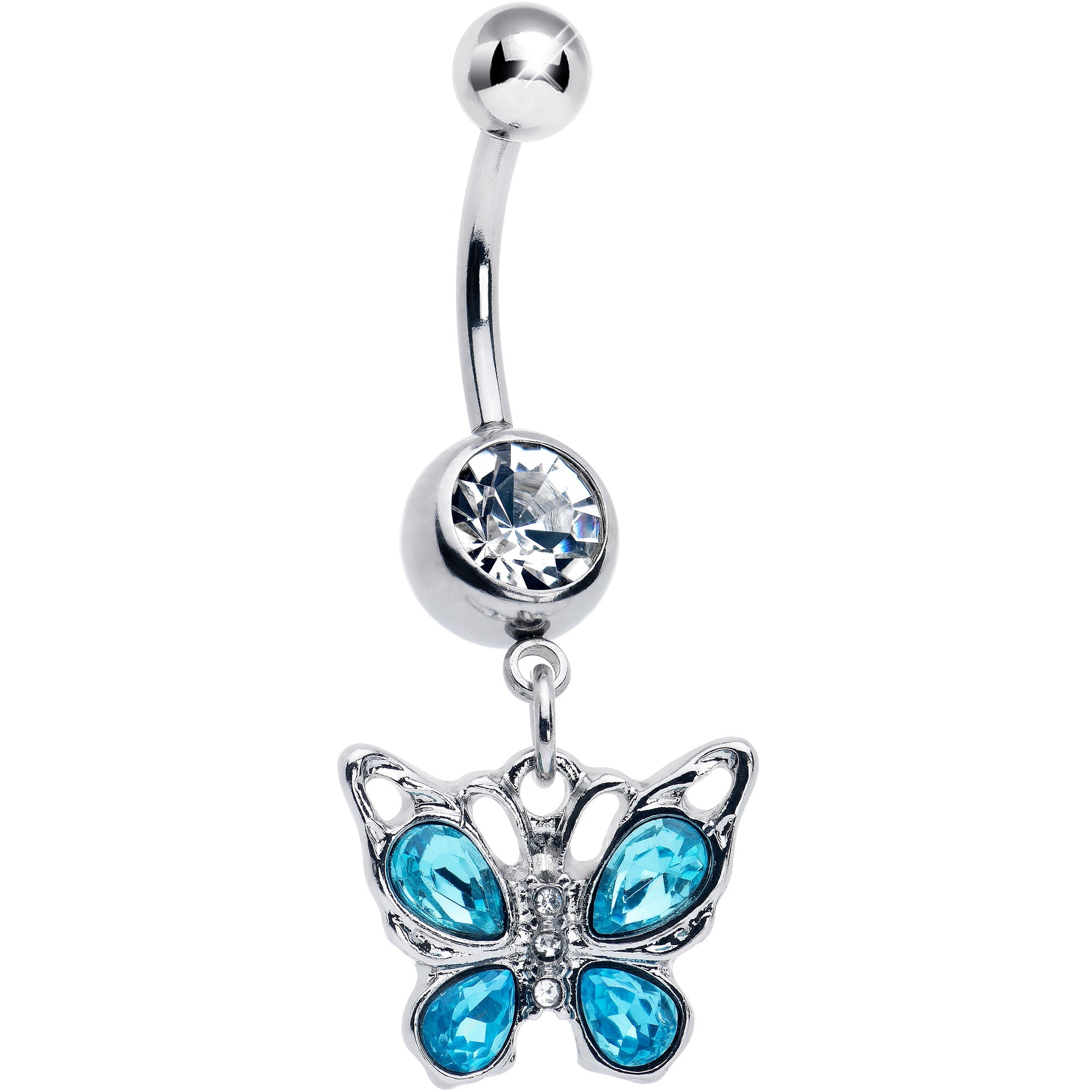 Blue gem butterfly dangle belly ring by BodyCandy featuring a sparkling butterfly charm and vibrant blue gemstone.