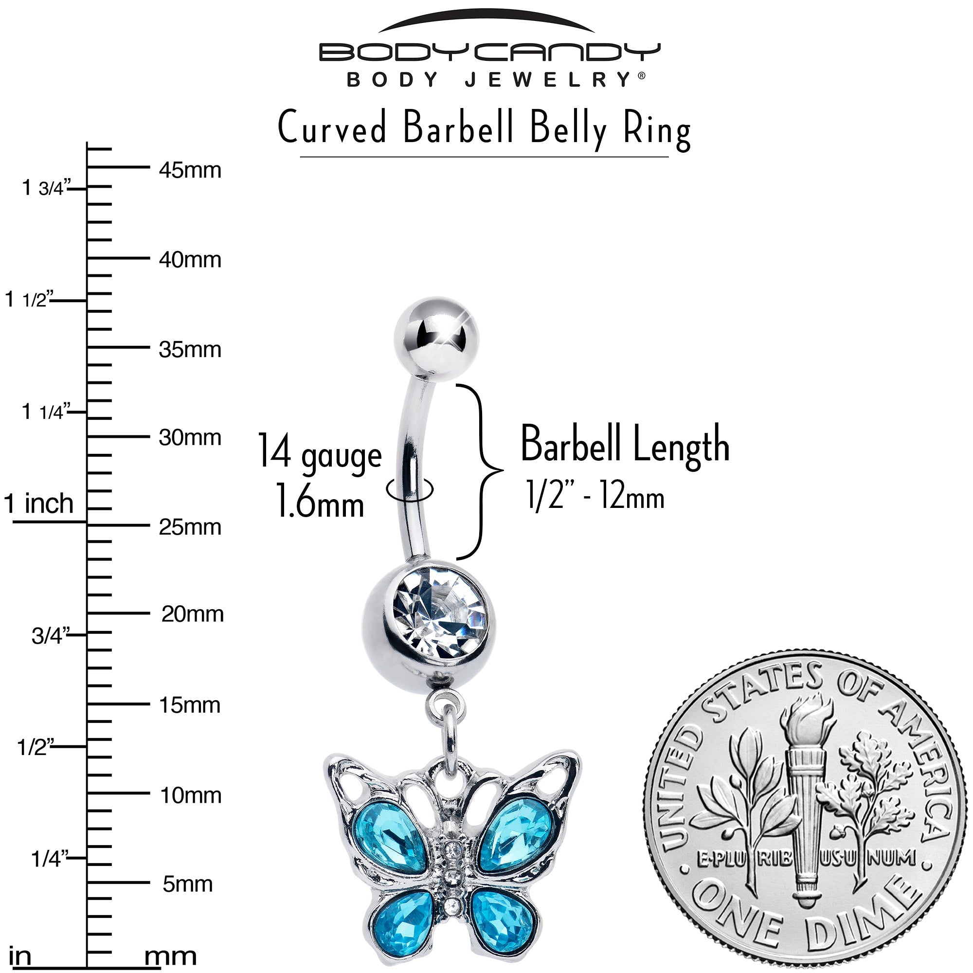 Blue gem butterfly dangle belly ring by BodyCandy featuring sparkling butterfly charm and elegant dangle design.