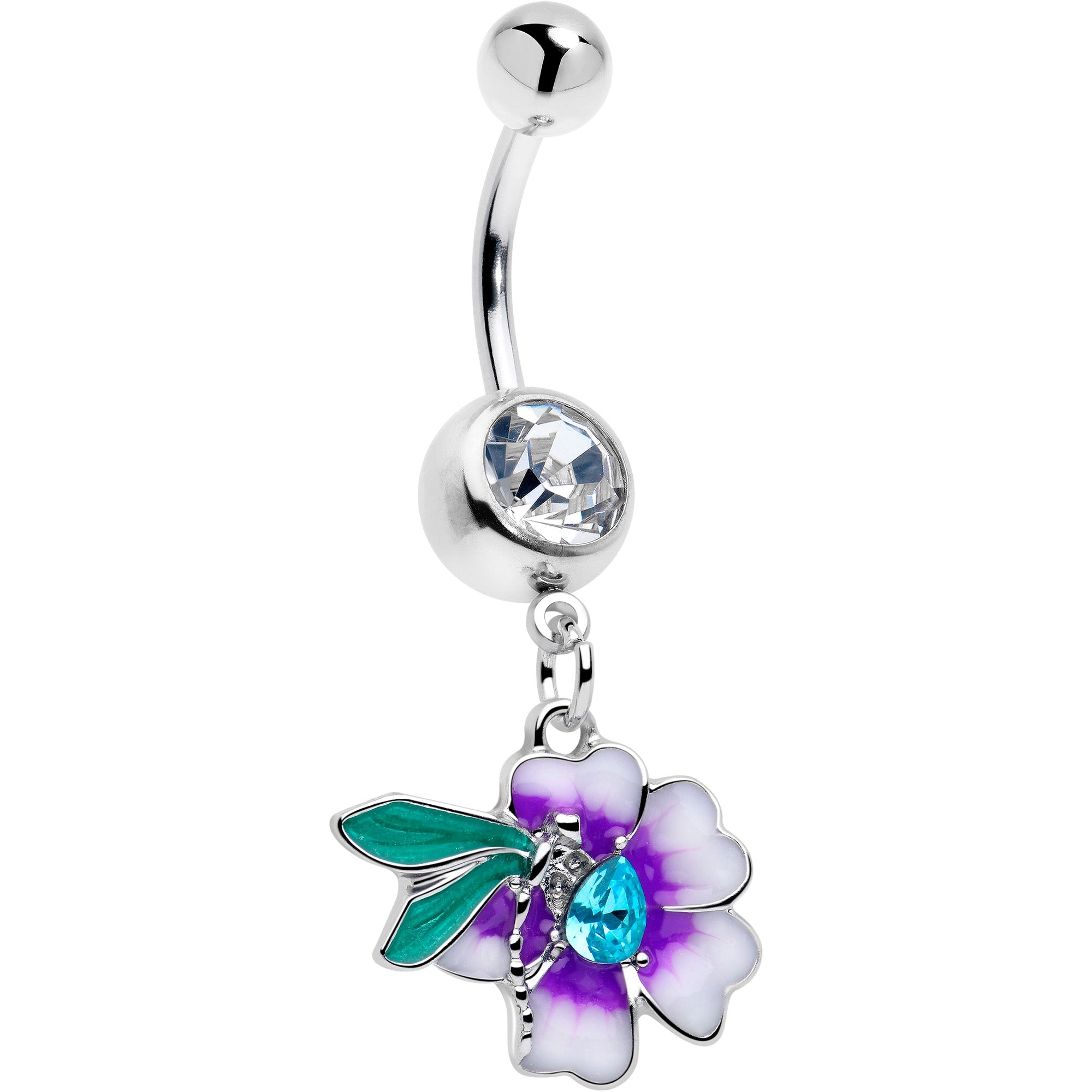 Blue gem faerie flower dangle belly ring from BodyCandy with purple floral design and decorative dangle, suitable for belly piercing.