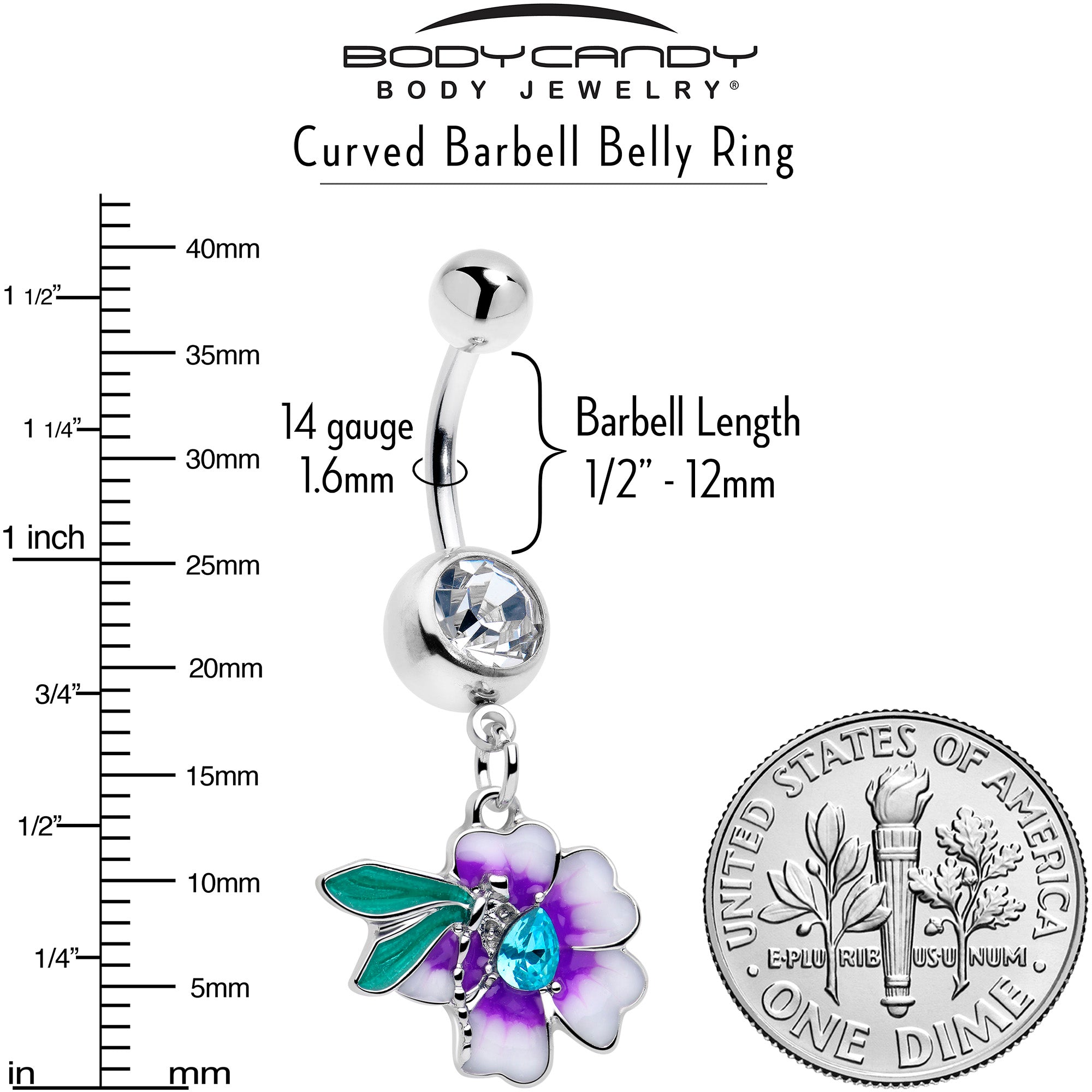 Blue gem faerie flower dangle belly ring from BodyCandy featuring purple flower design and dangling charm for belly piercing.