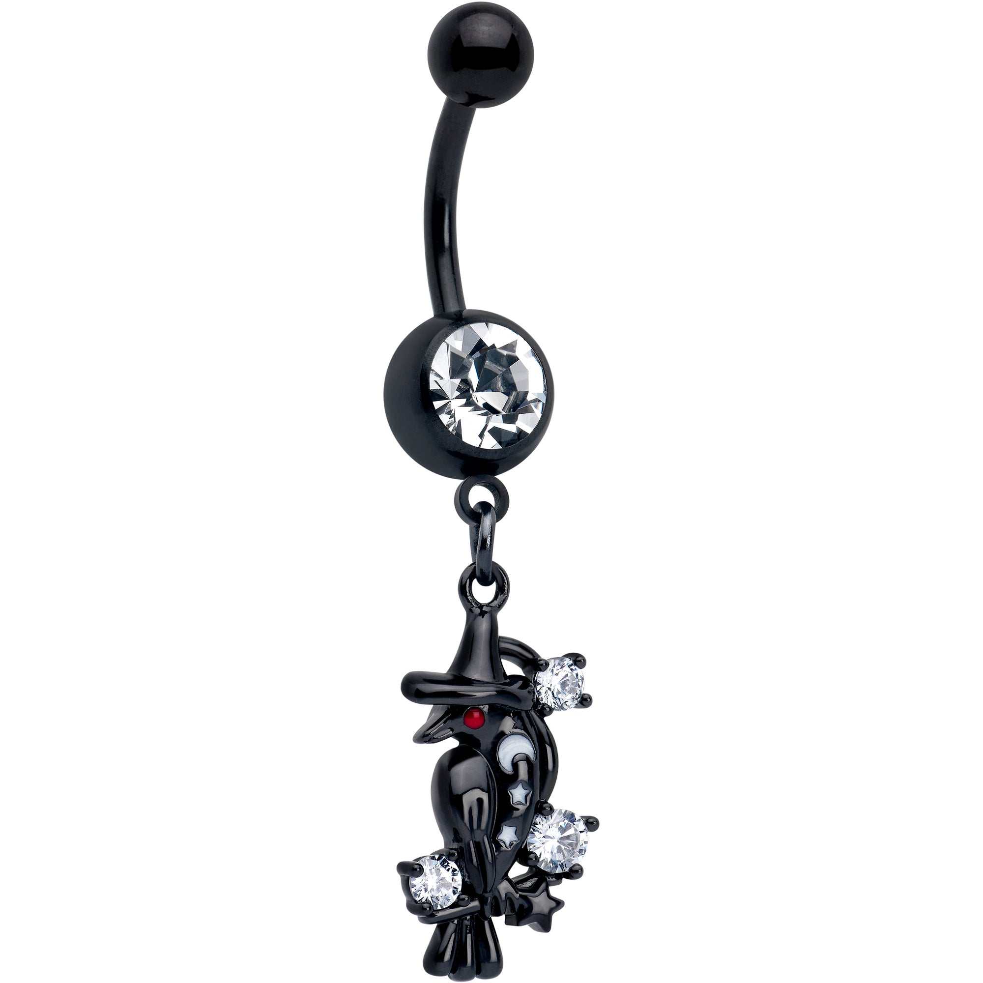 Clear CZ gem black raven dangle belly ring from BodyCandy featuring a gothic witch design and dangling style.