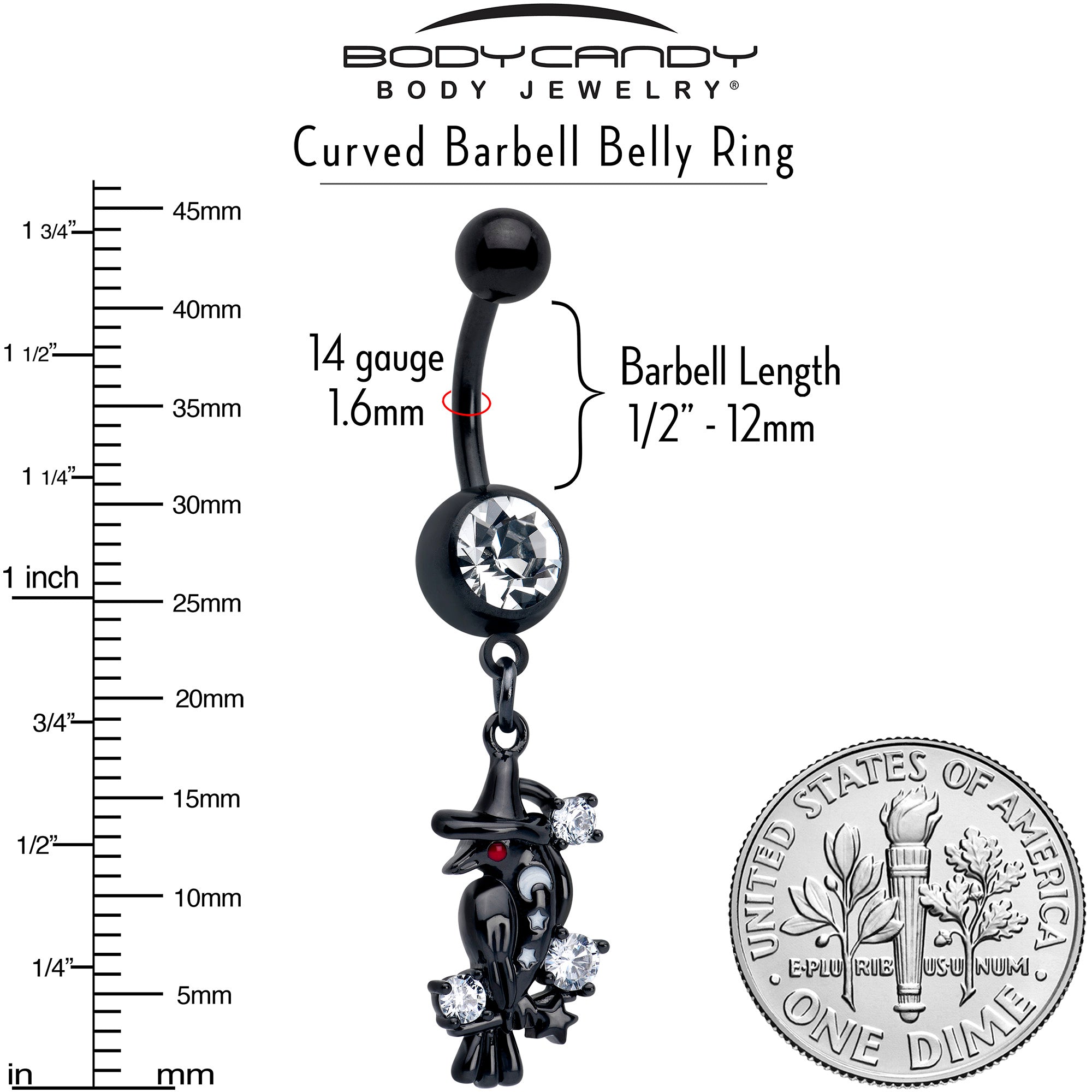 Black raven dangle belly ring with clear CZ gem from BodyCandy, featuring a witch-themed design and silver-tone finish.
