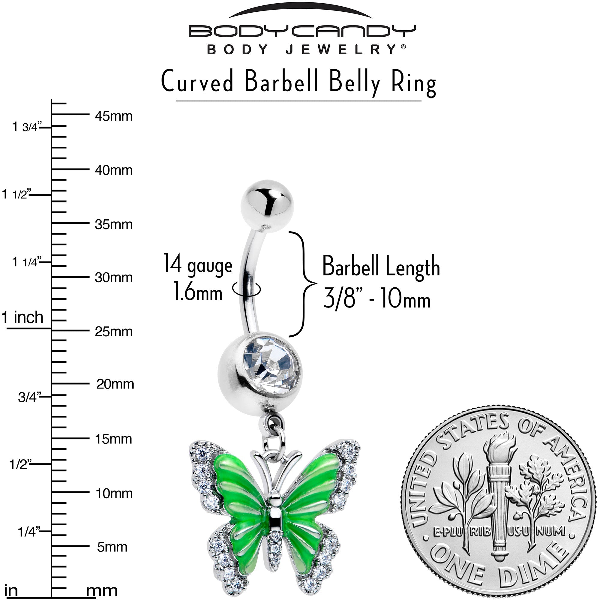 Clear CZ gem butterfly dangle belly ring by BodyCandy featuring a green gemstone and decorative butterfly design.