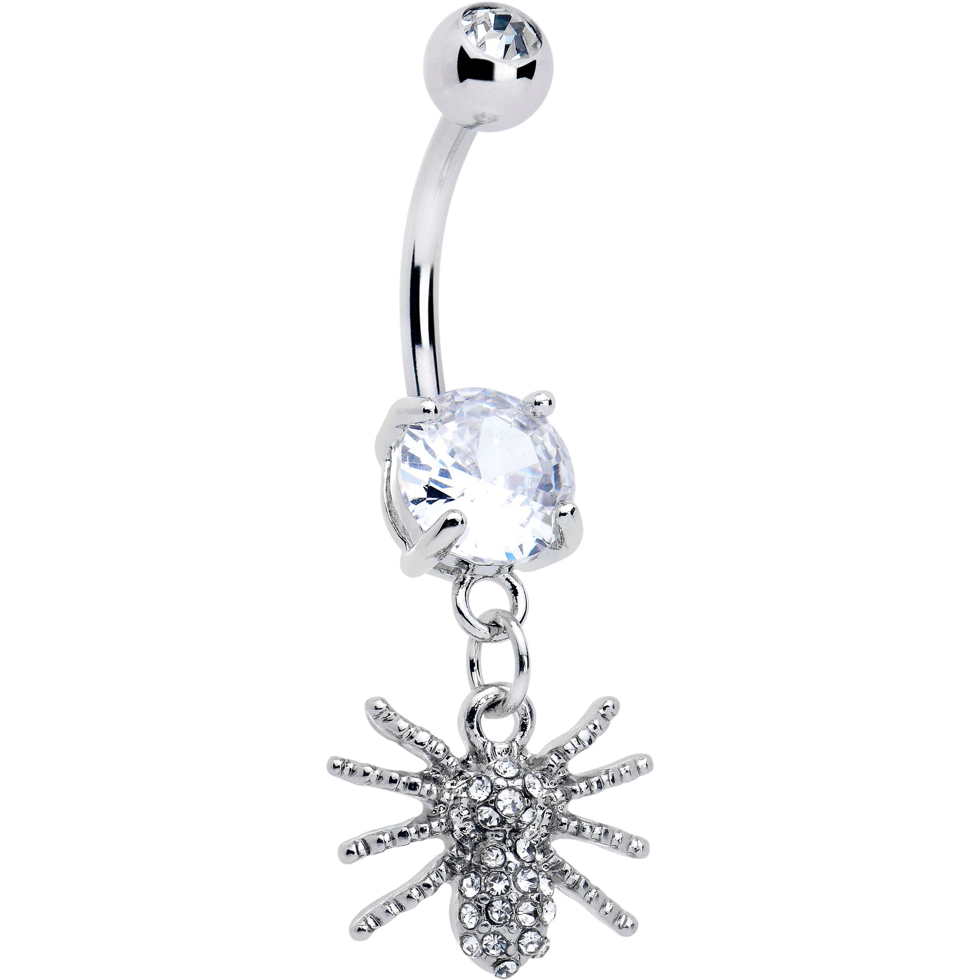 Clear CZ gem goth spider dangle belly ring from BodyCandy featuring a dangling spider design and sparkling gemstone accents.