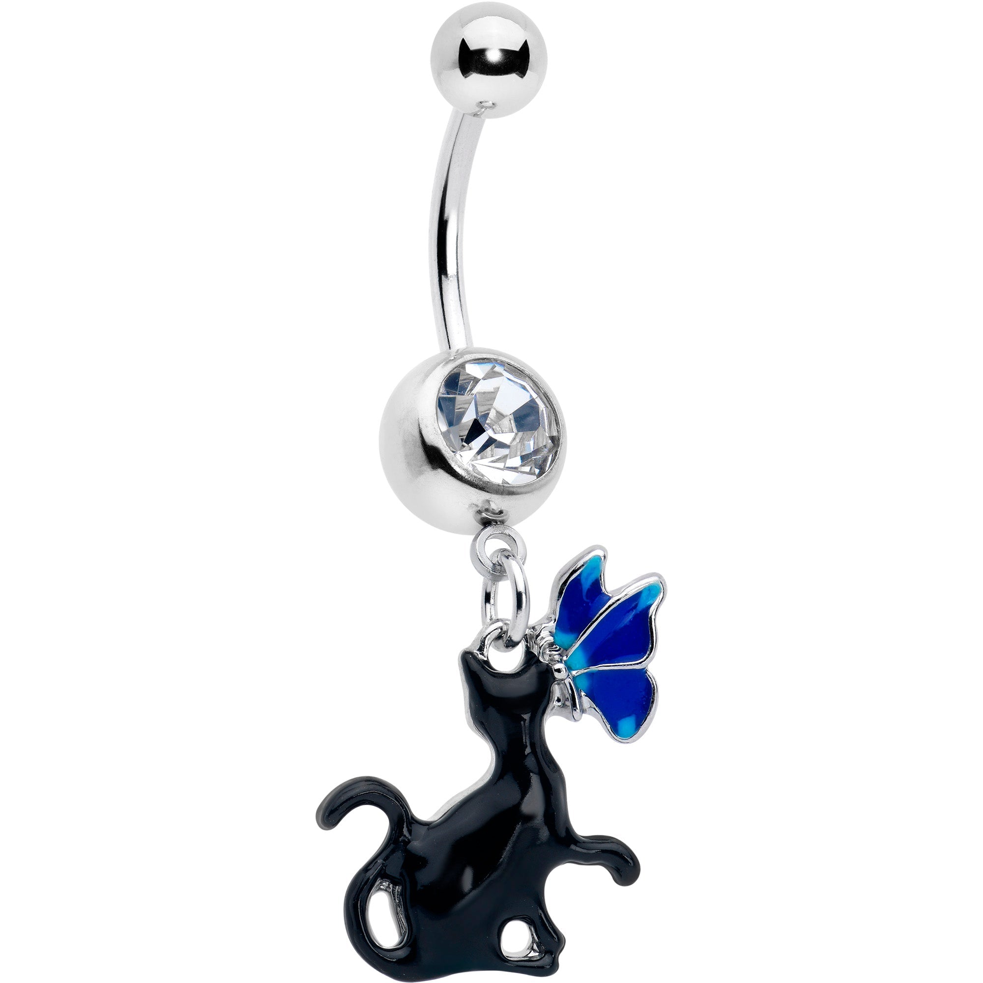 Clear gem butterfly and black cat dangle belly ring by BodyCandy, featuring blue accents and a decorative dangling design.