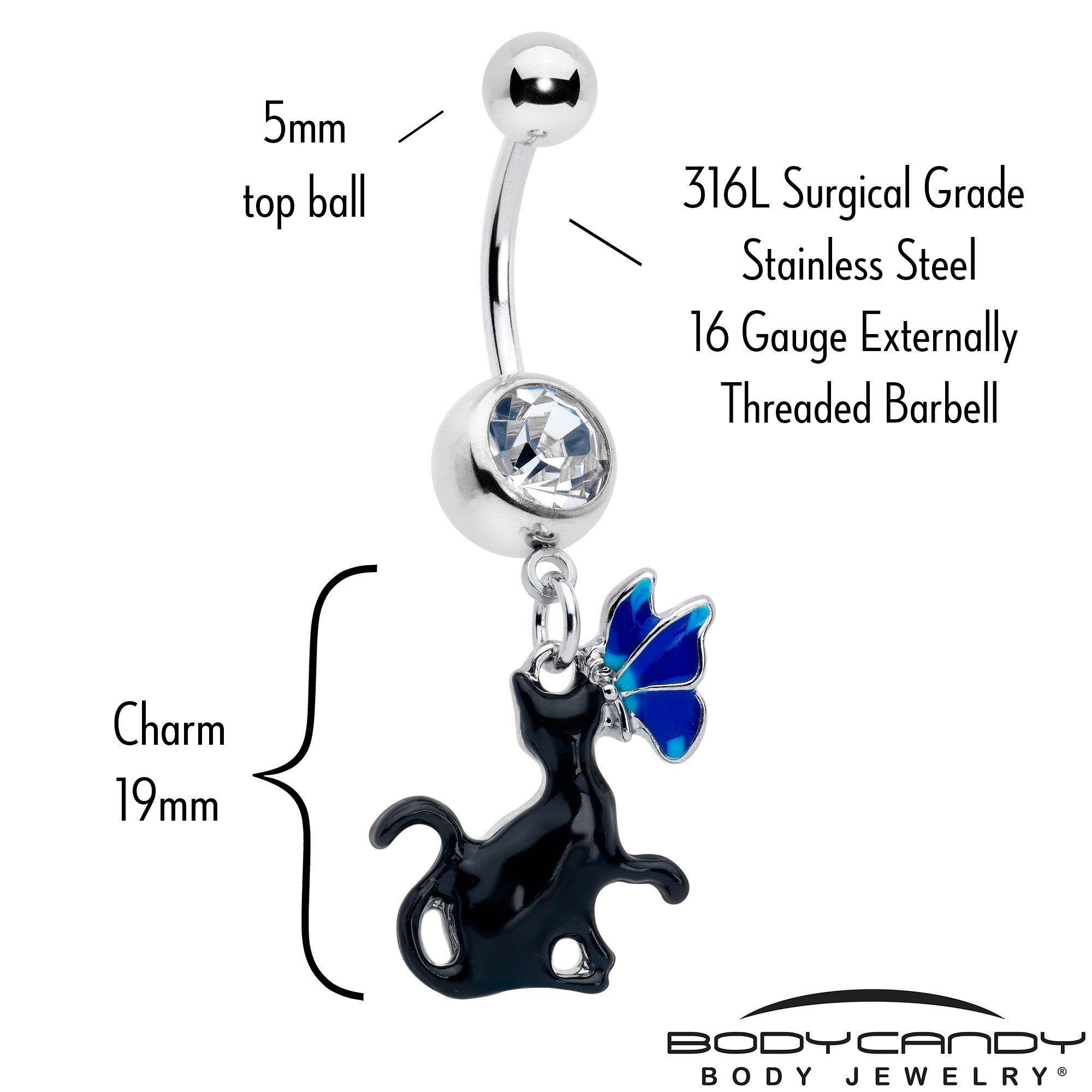 Clear gem butterfly and black cat dangle belly ring by BodyCandy, featuring a blue and black design with dangling charms.