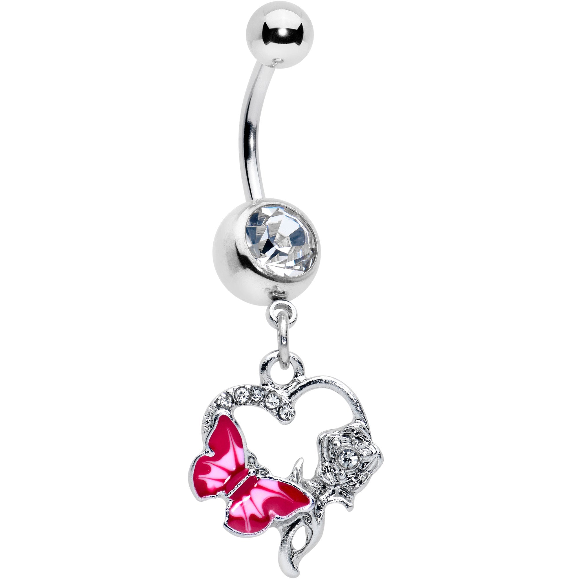 Pink dangle belly ring with clear gem butterfly and rose flower design, BodyCandy brand, showcasing detailed jewelry with floral accents.