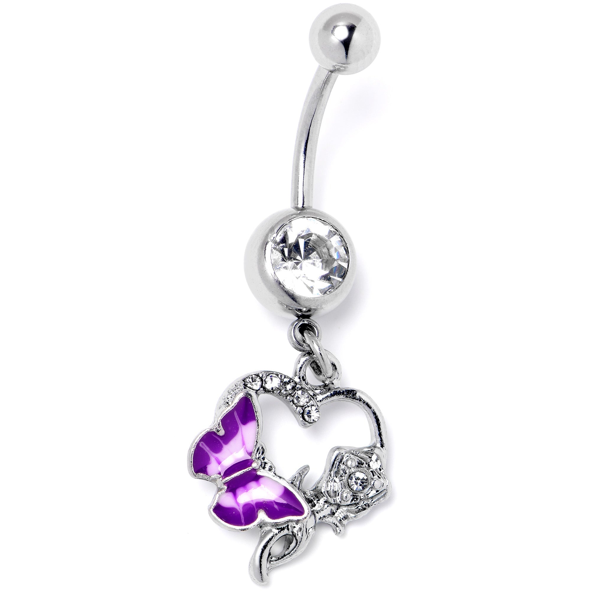 Purple dangle belly ring with clear gem, butterfly, and rose flower design by BodyCandy, featuring a decorative dangling style.