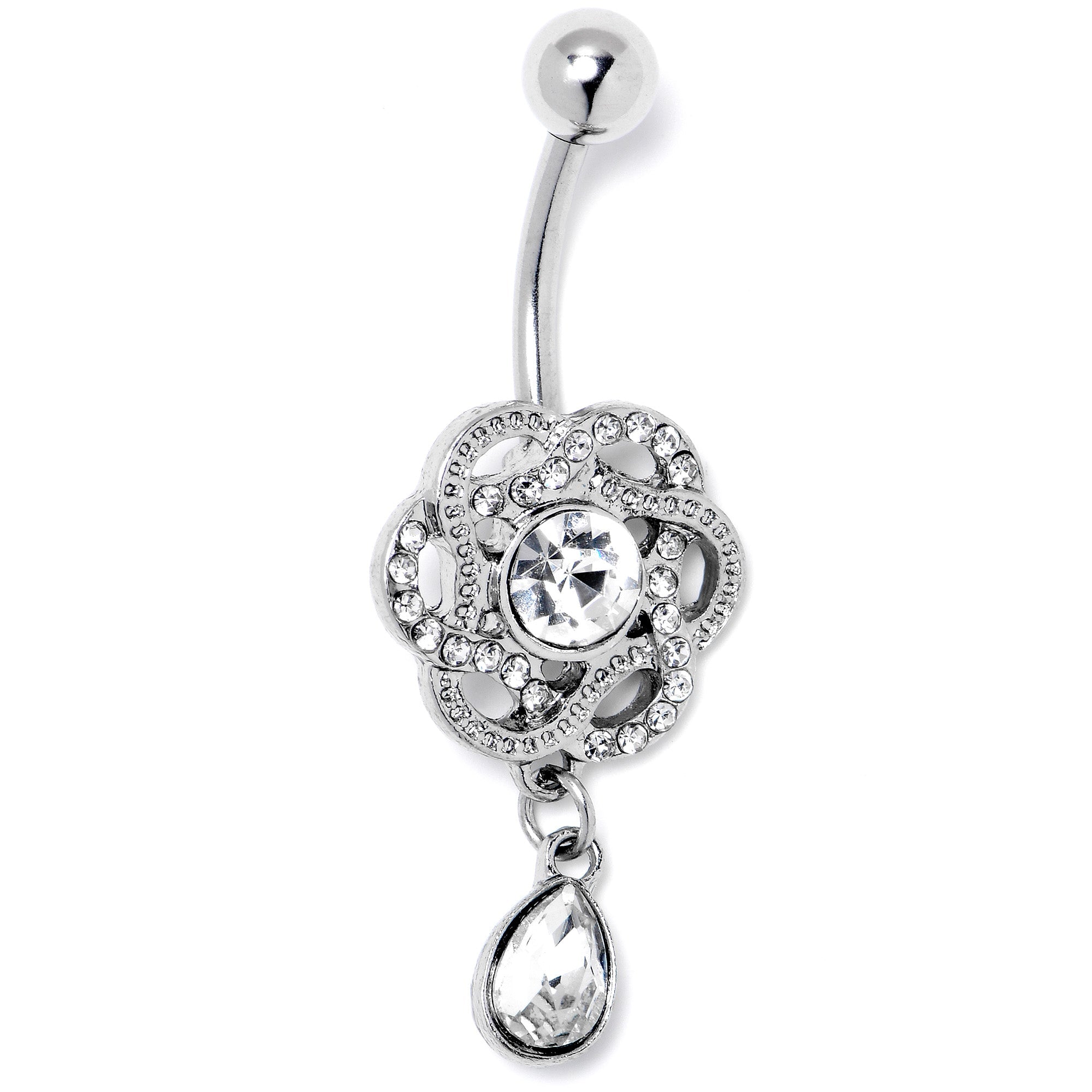 Clear gem Celtic knot dangle belly ring by BodyCandy, showcasing a sparkling decorative belly ring with intricate knot design.