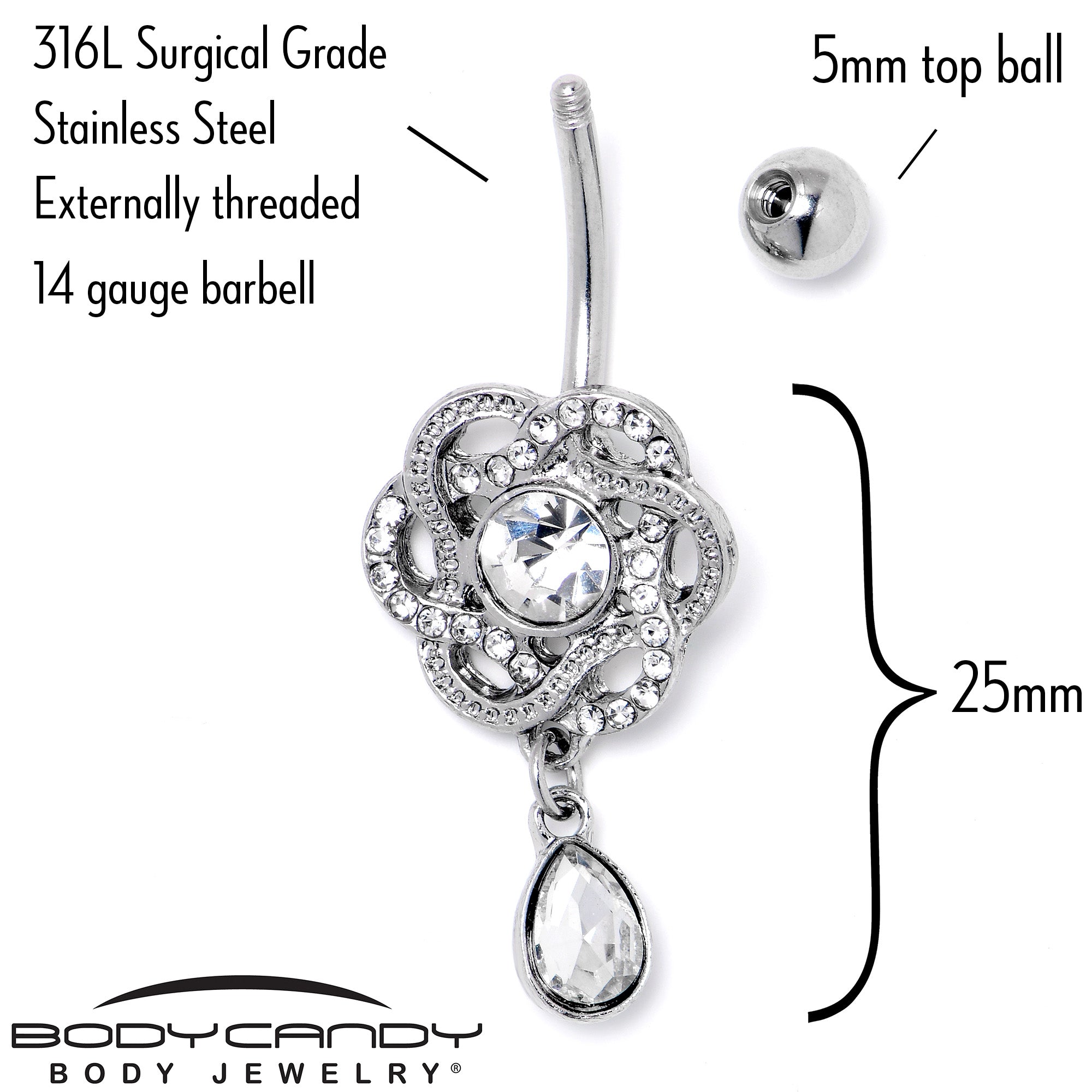 Clear gem Celtic knot dangle belly ring by BodyCandy featuring a sparkling gemstone and intricate knot design.