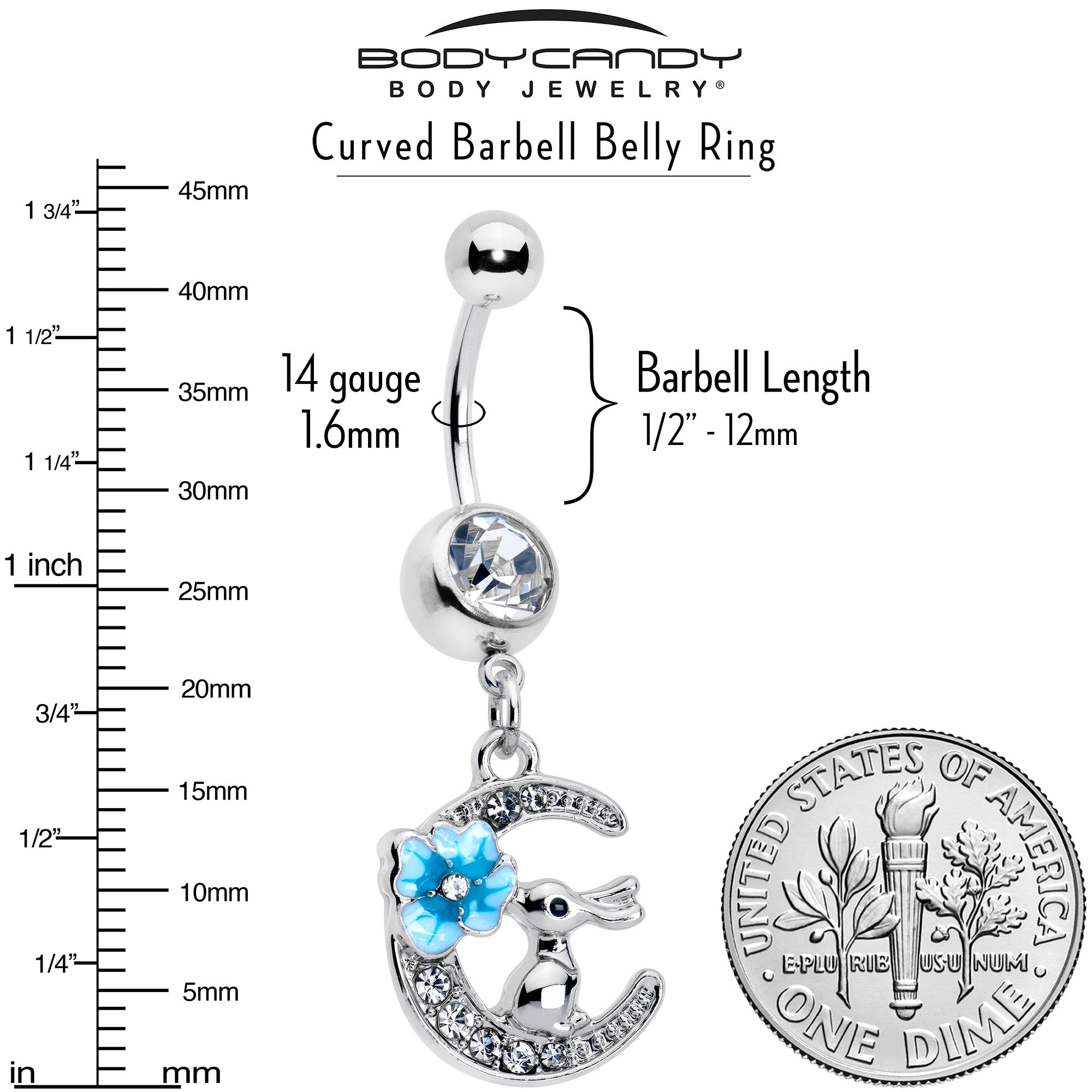 Clear gem rabbit on the moon blue dangle belly ring by BodyCandy, featuring a detailed design with sparkling gems and a moon motif.
