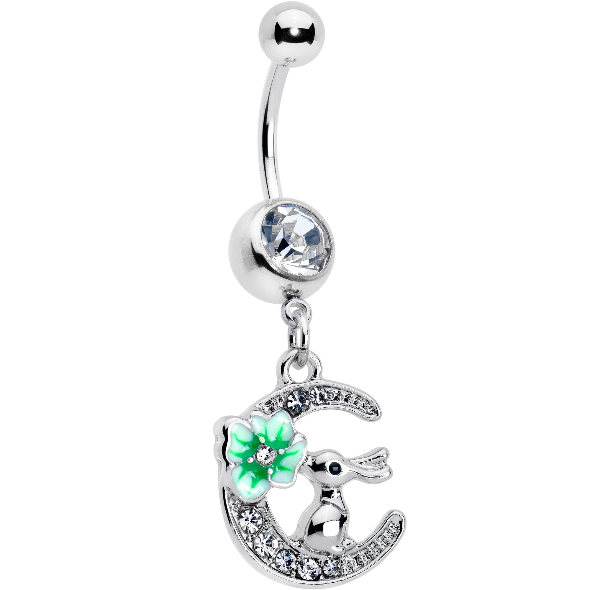 Clear gem rabbit on the moon green dangle belly ring by BodyCandy, featuring a playful design with sparkling gemstones.