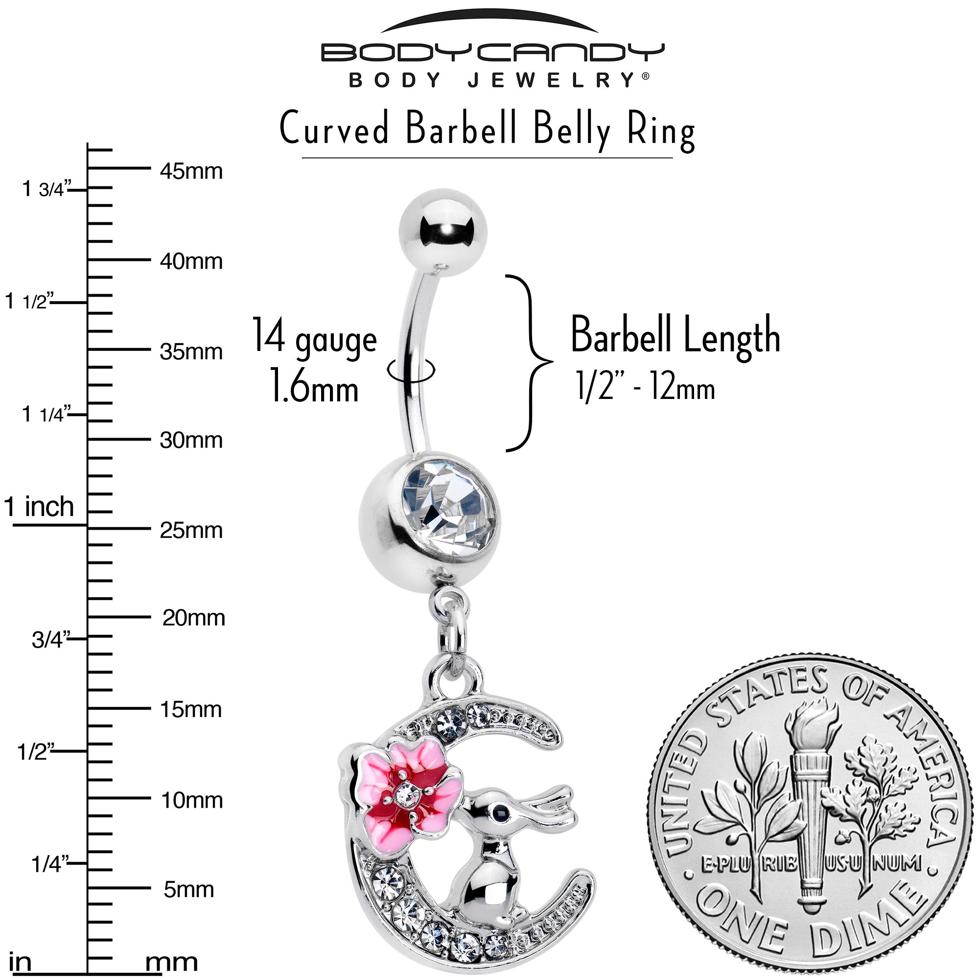 Pink dangle belly ring with clear gem rabbit on the moon design by BodyCandy, featuring a shiny pink gemstone and moon motif.