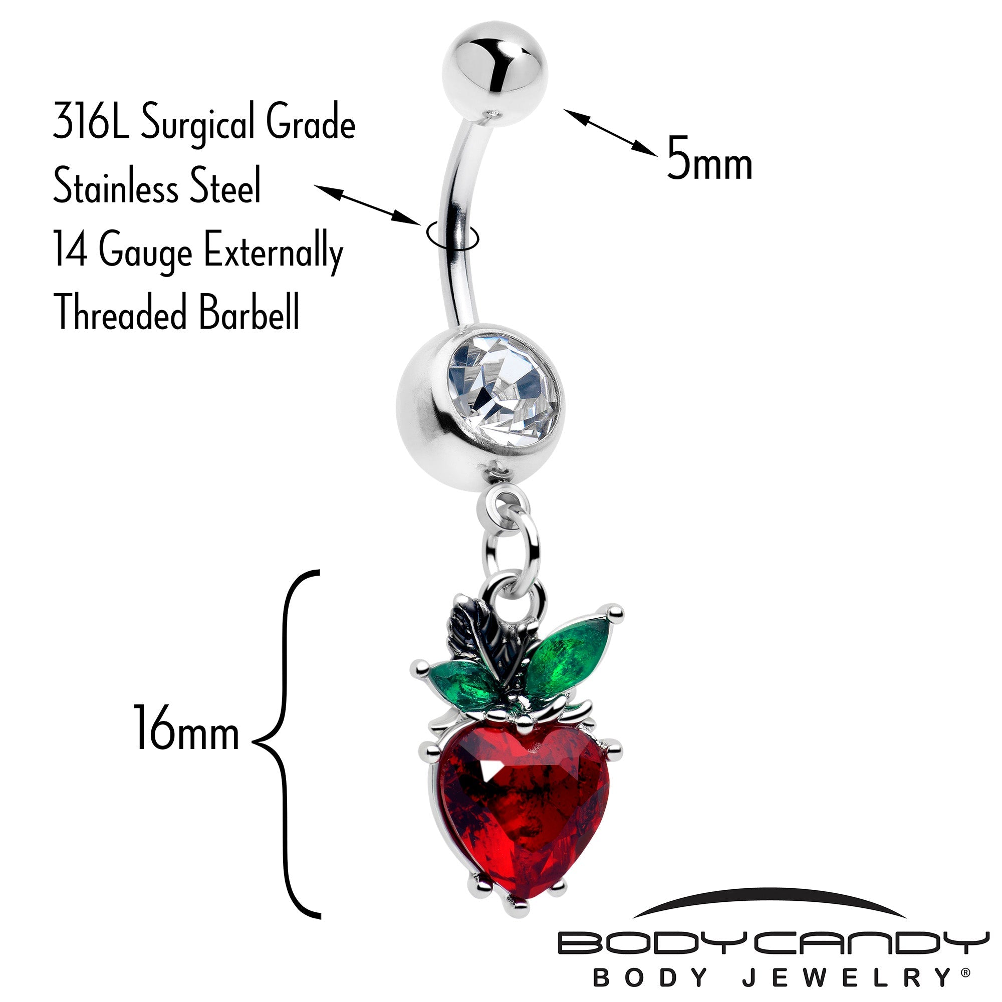 Clear red and green gem strawberry heart dangle belly ring from BodyCandy, featuring a decorative hanging design for belly piercing.