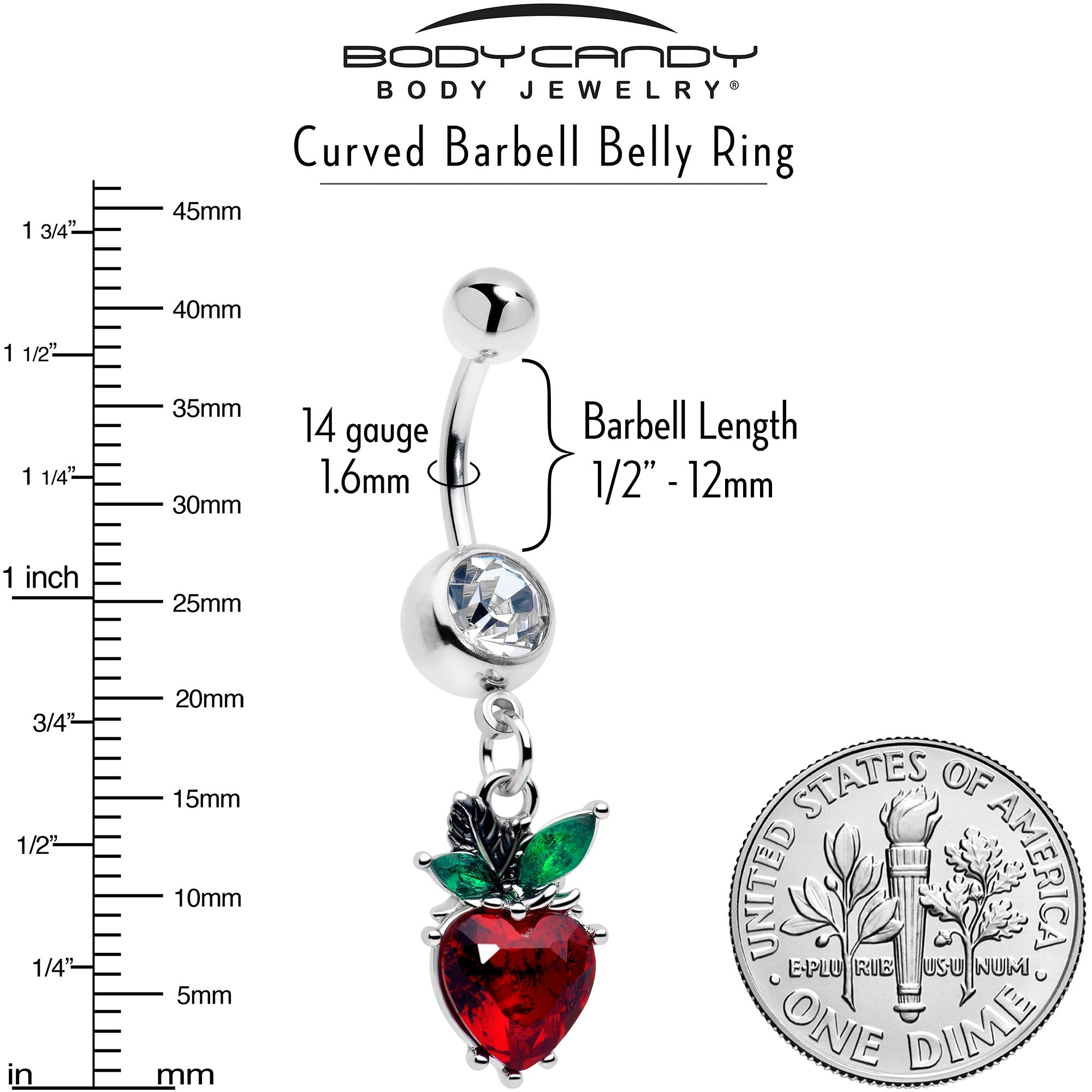 Clear red and green gem strawberry heart dangle belly ring by BodyCandy, featuring a vibrant, decorative belly jewelry design.