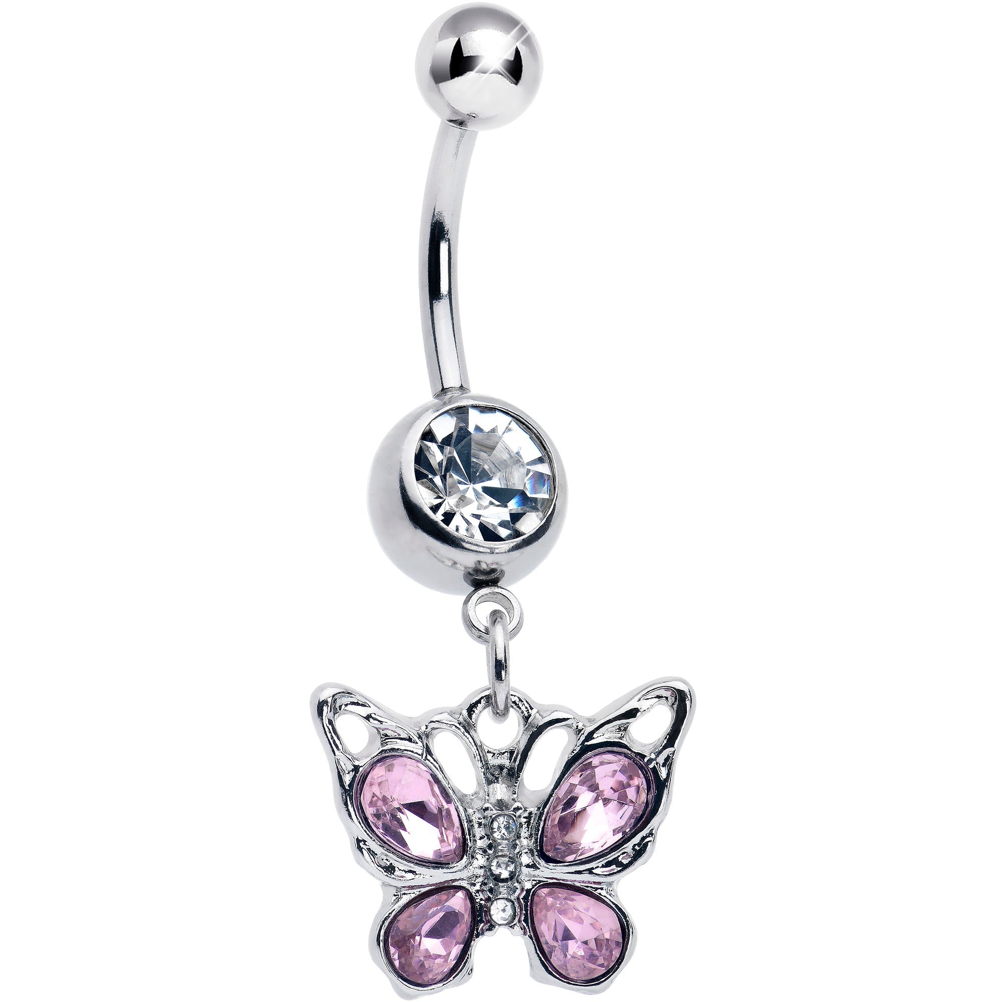 Pink gem butterfly dangle belly ring by BodyCandy featuring a sparkling butterfly charm and bling accents for belly piercing.