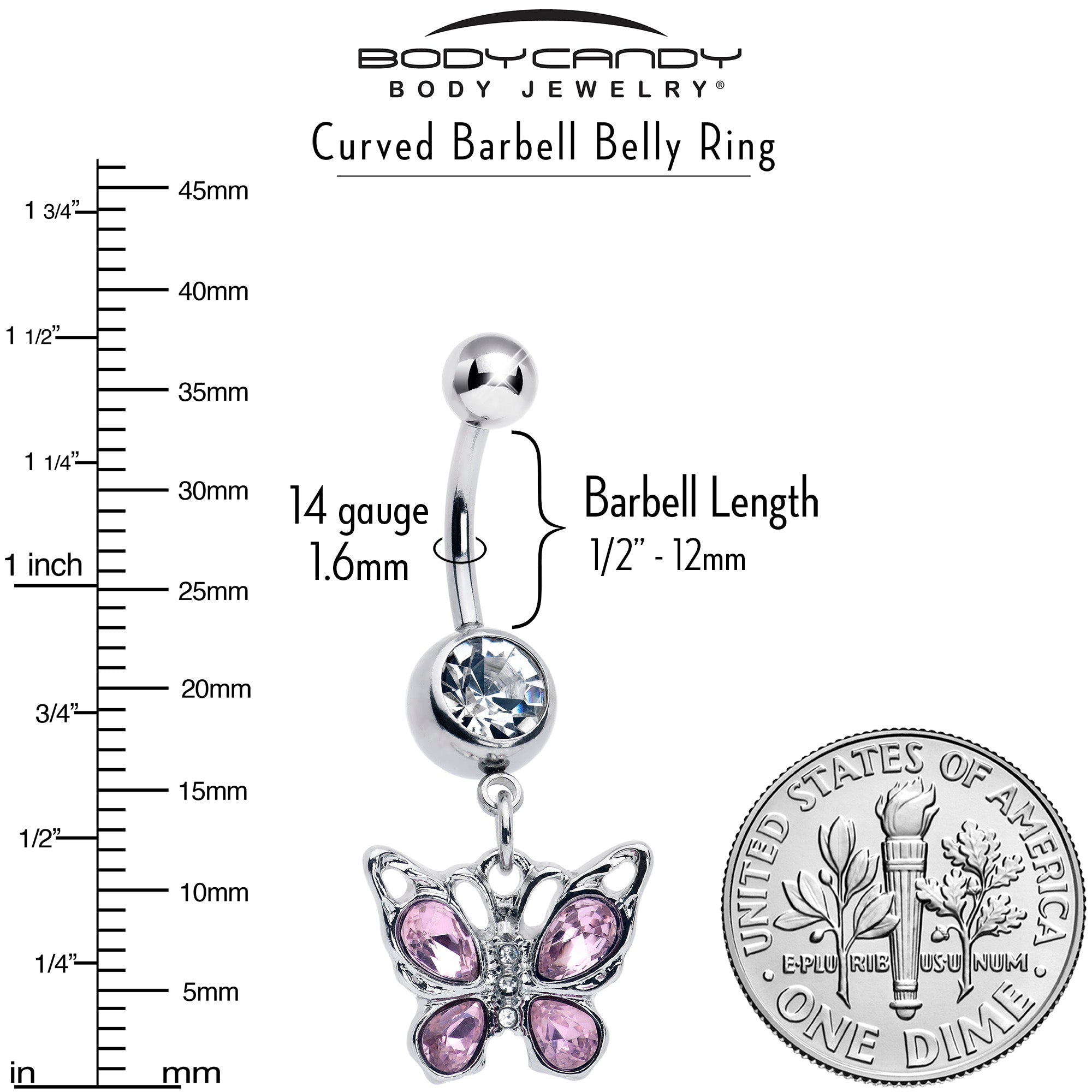 Pink gem butterfly dangle belly ring from BodyCandy featuring sparkling pink stones and a delicate butterfly design.