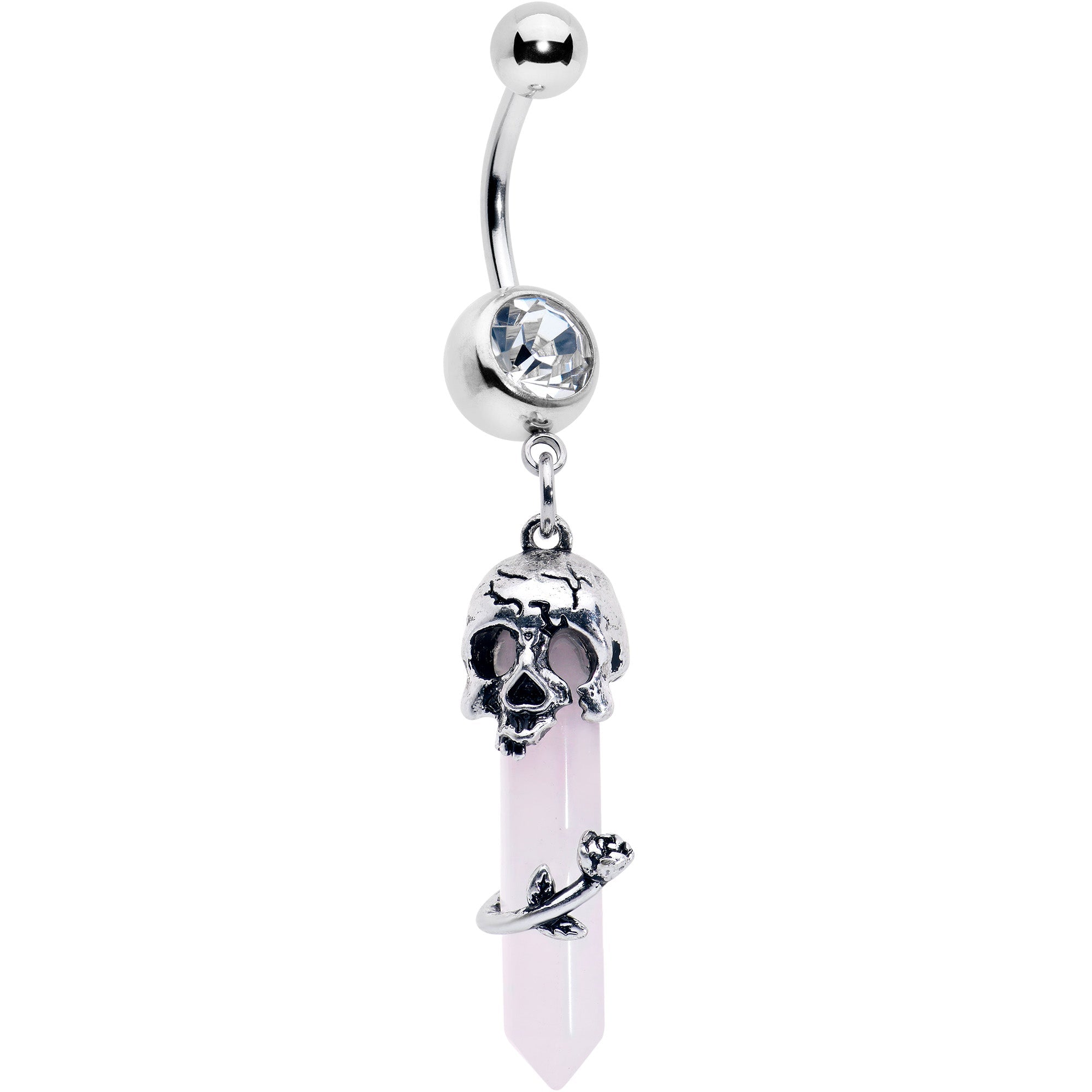 Pink Rose Quartz Skull Obelisk dangle belly ring from BodyCandy featuring a rose quartz skull and obelisk design.