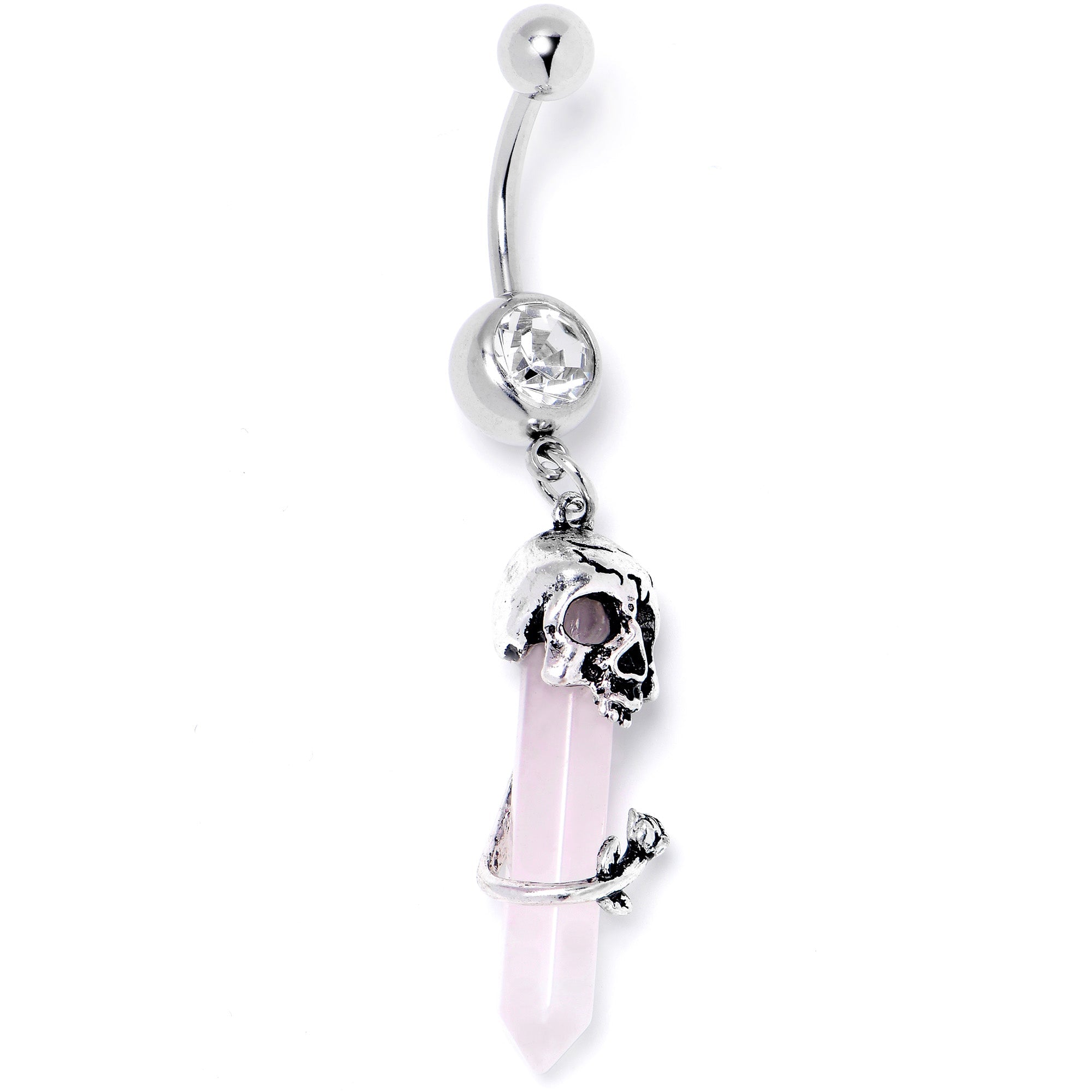 Pink Rose Quartz Skull Obelisk Belly Ring with rose dangle, BodyCandy dangle belly ring, decorative jewelry for pierced belly.