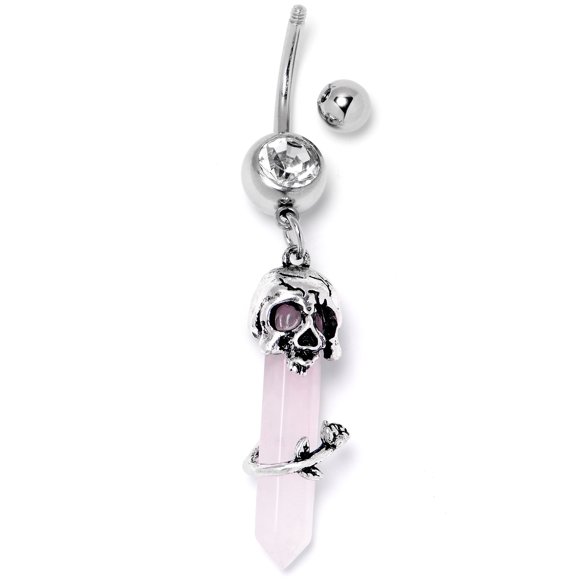 Pink Rose Quartz Skull Obelisk dangle belly ring from BodyCandy, featuring a rose quartz skull design and dangling style.