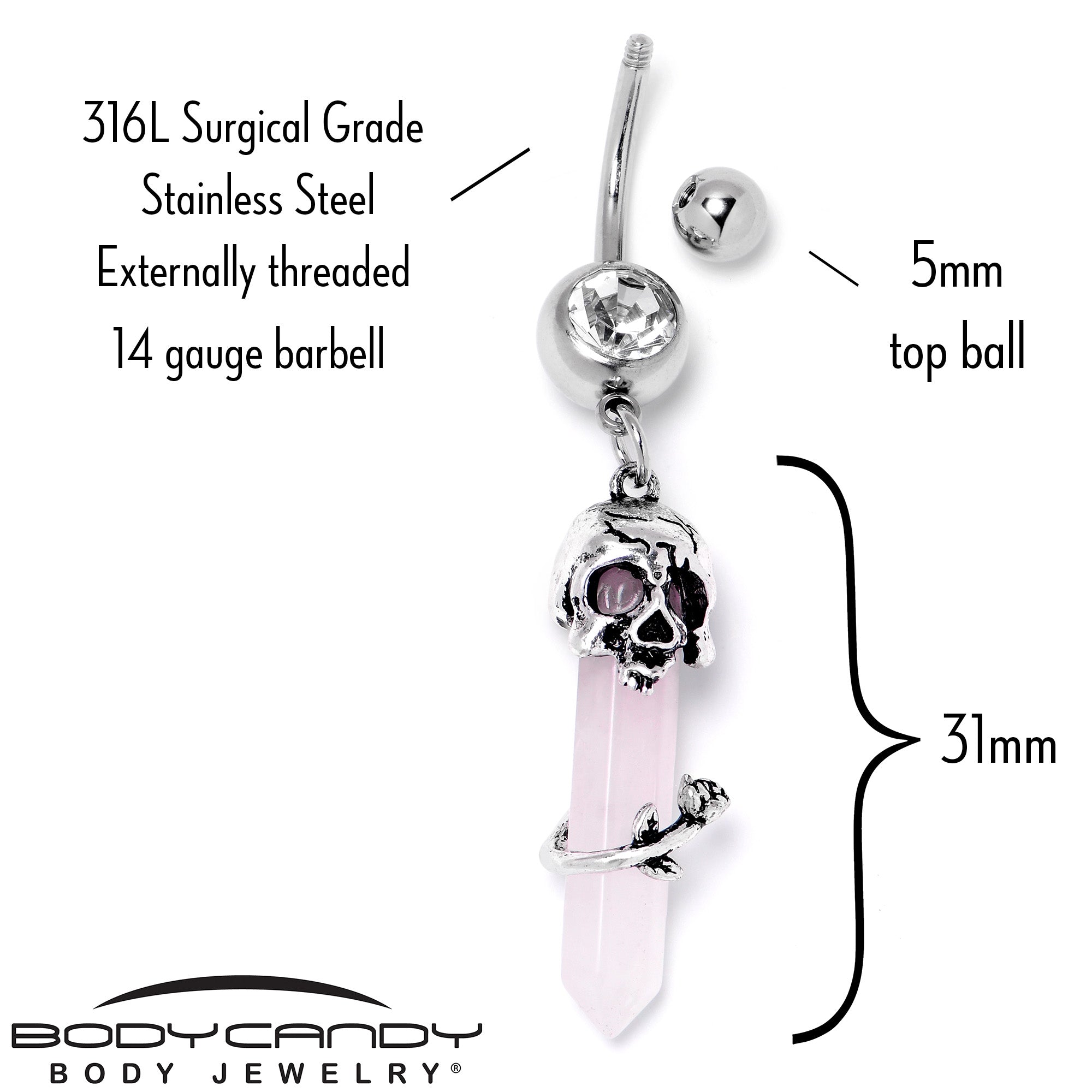 Pink rose quartz skull obelisk dangle belly ring by BodyCandy, featuring a rose quartz skull and obelisk design for belly piercing.