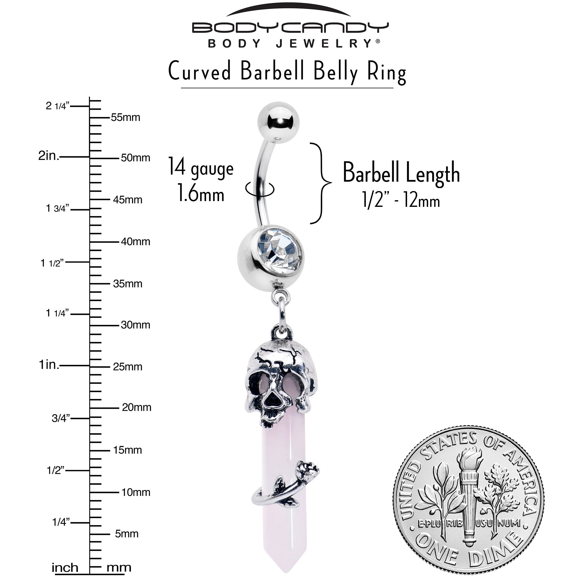 Pink Rose Quartz Skull Obelisk belly ring with rose dangle, body jewelry by BodyCandy, featuring a dangle design and skull motif.