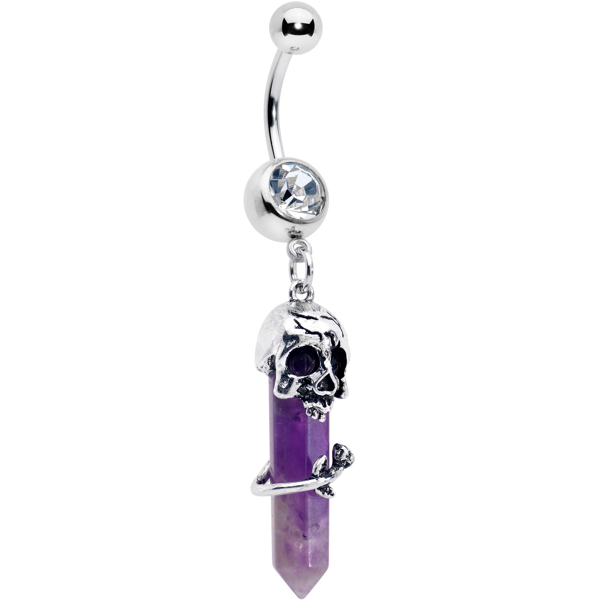Purple amethyst skull obelisk dangle belly ring by BodyCandy, featuring a rose-shaped design and dangling charm.