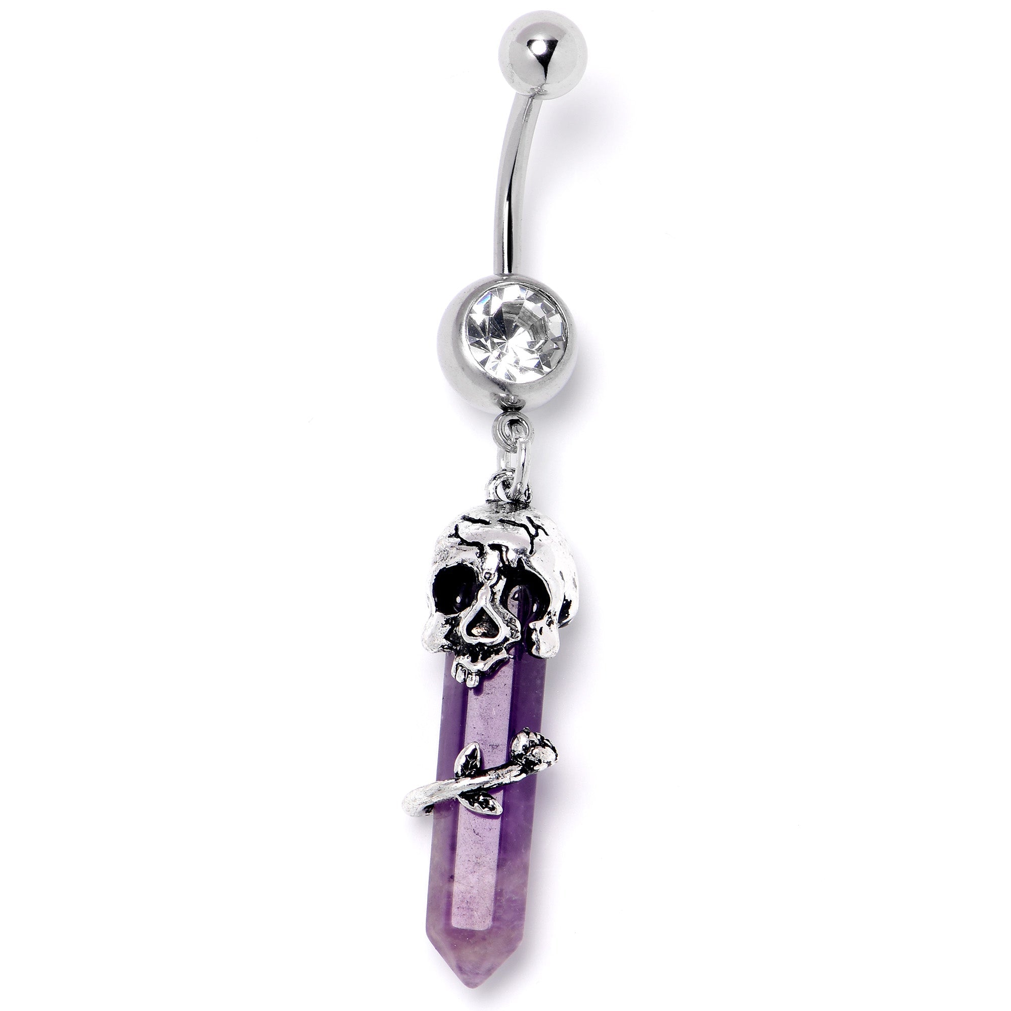 Purple amethyst skull obelisk dangle belly ring with rose accent, BodyCandy jewelry for pierced navel.