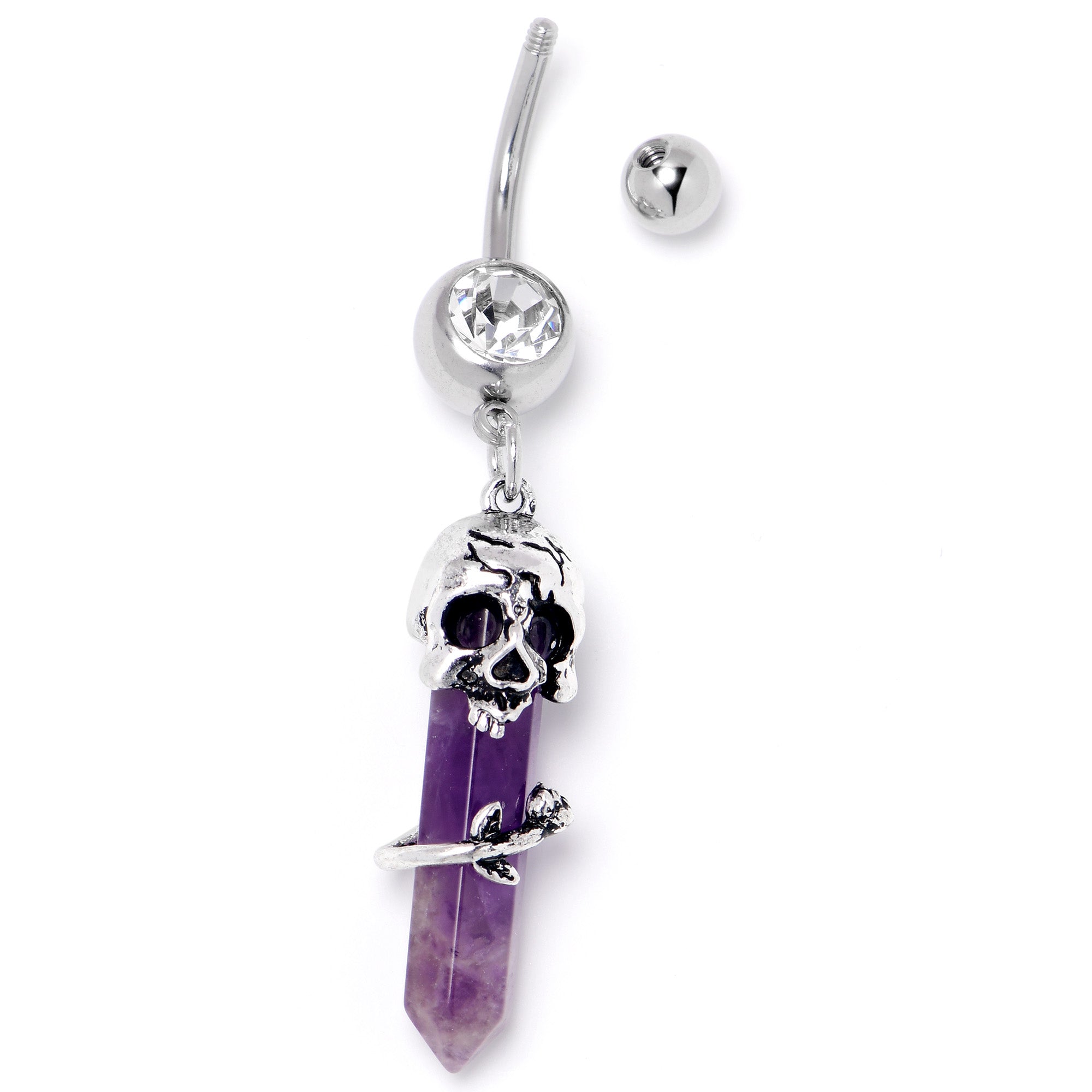 Purple amethyst skull obelisk dangle belly ring by BodyCandy, featuring a rose-shaped design and silver-tone jewelry details.