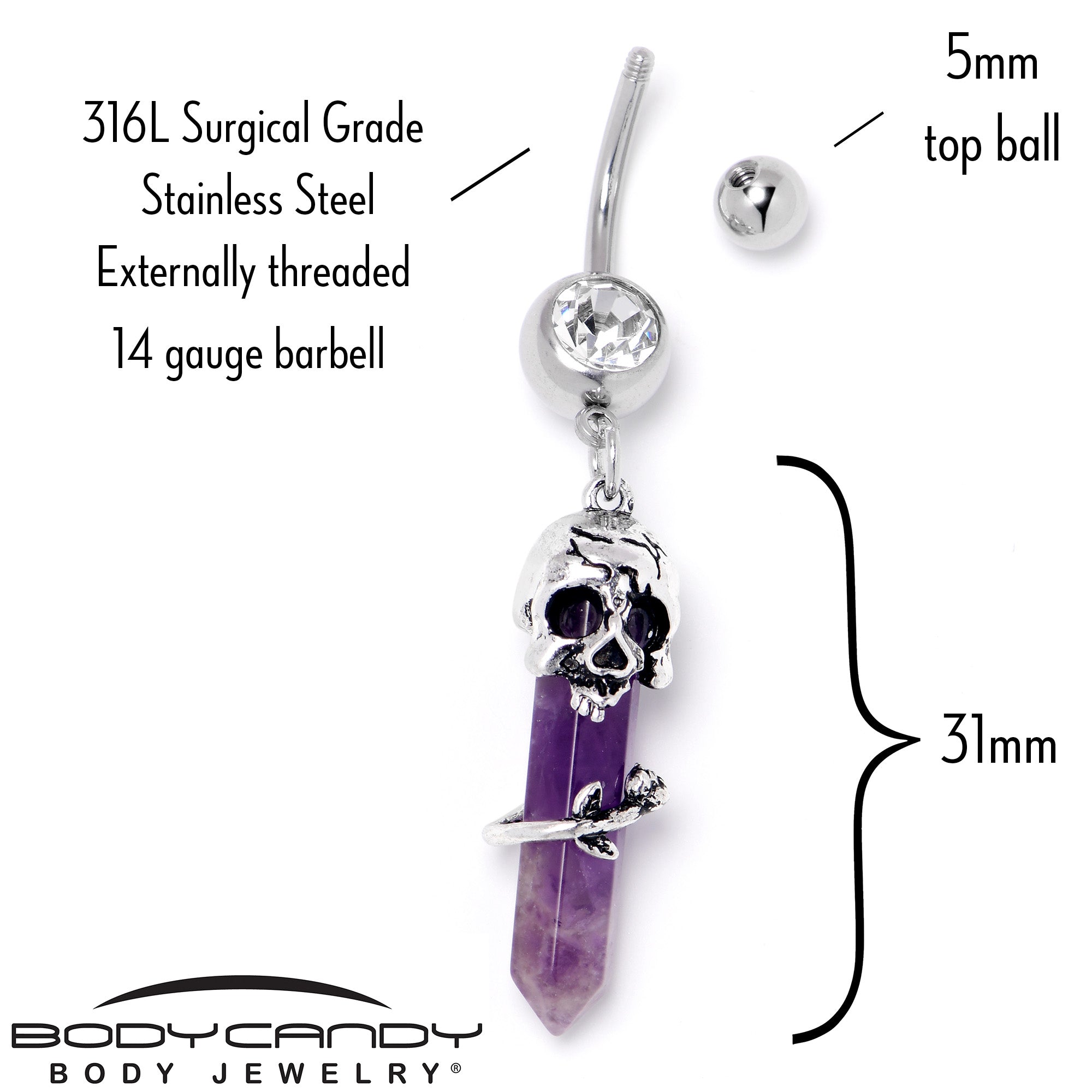 Purple amethyst skull obelisk dangle belly ring by BodyCandy featuring a rose design and dangling charm for pierced navel jewelry.