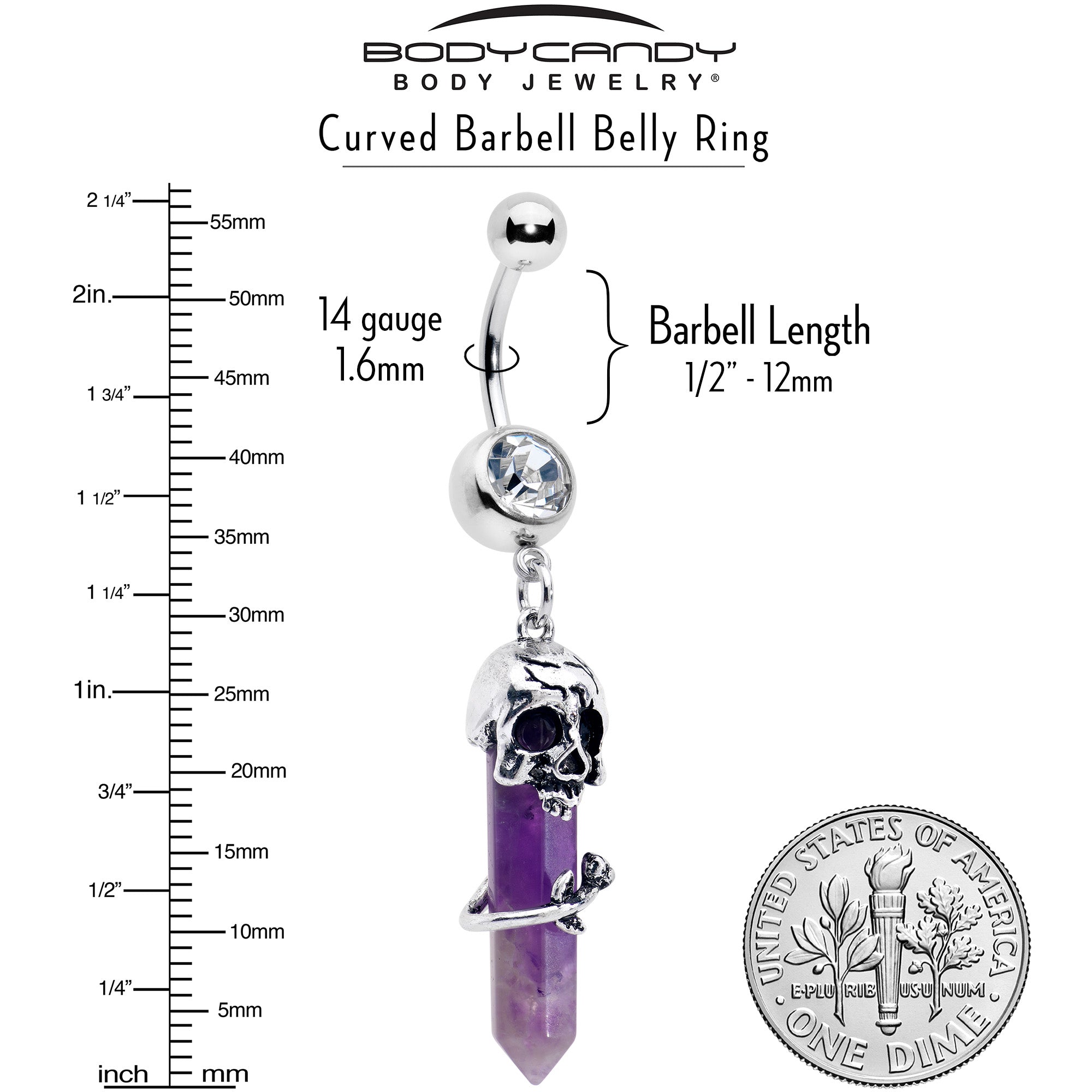 Purple amethyst skull obelisk dangle belly ring by BodyCandy with rose accents, featuring a striking gemstone and ornate design.