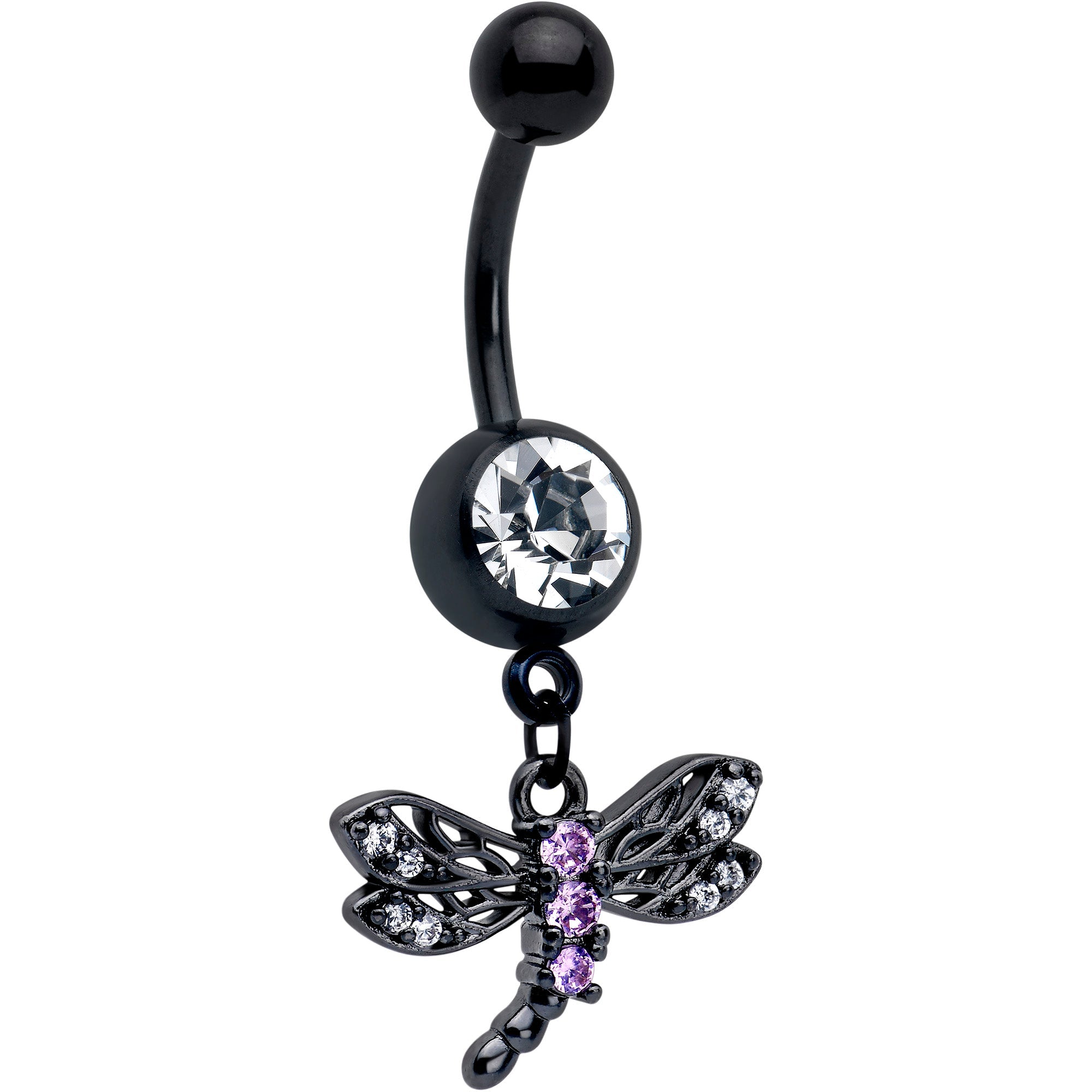 Purple CZ gem black night dragonfly dangle belly ring by BodyCandy, featuring a detailed black dragonfly design on a belly ring.
