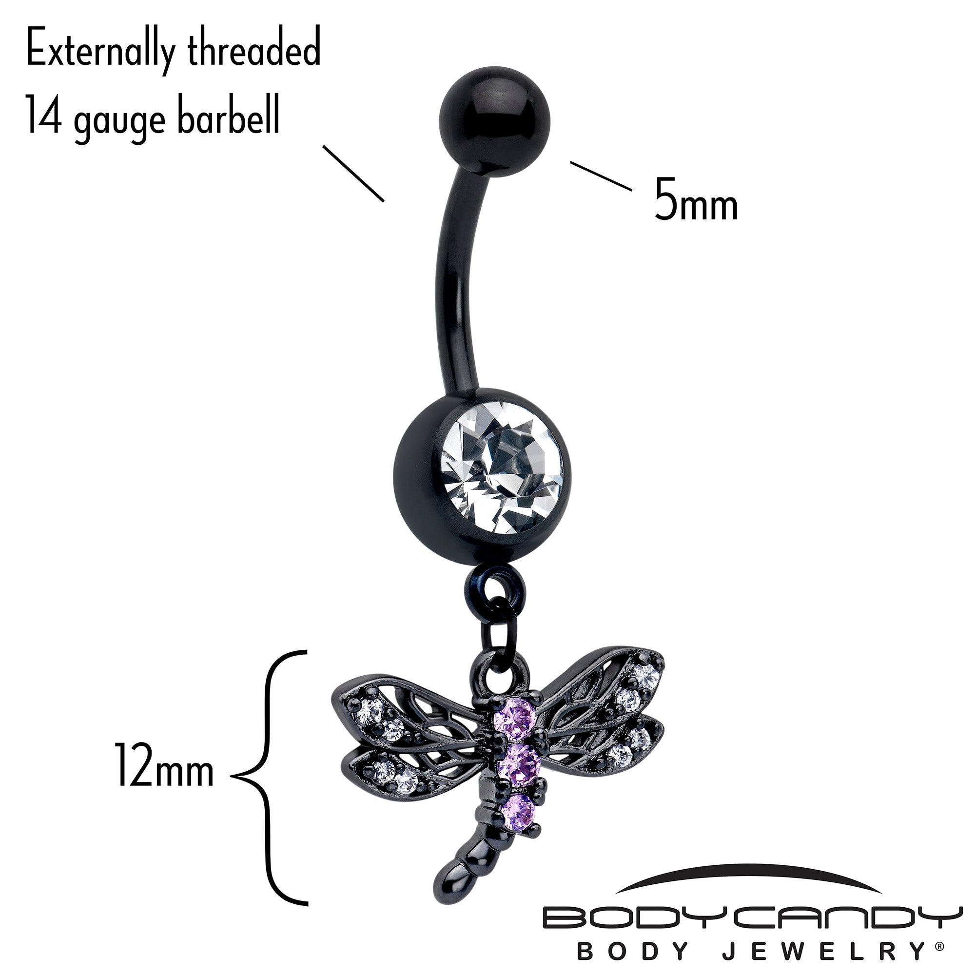 Purple cubic zirconia gem black night dragonfly dangle belly ring by BodyCandy, featuring a detailed dragonfly design on a jewelry piece.
