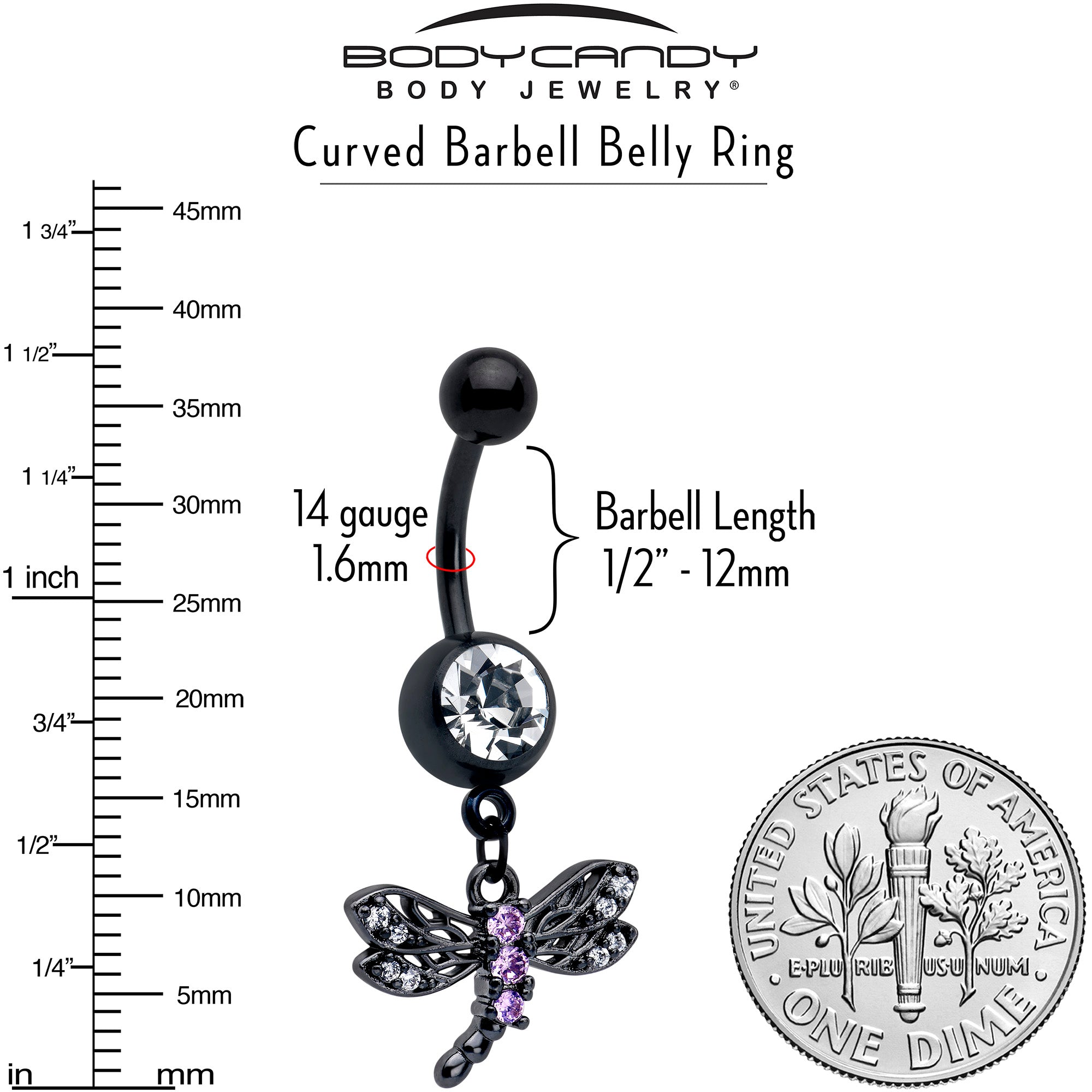 Purple CZ gem black night dragonfly dangle belly ring by BodyCandy, with a detailed dragonfly charm and sparkling purple gemstone.