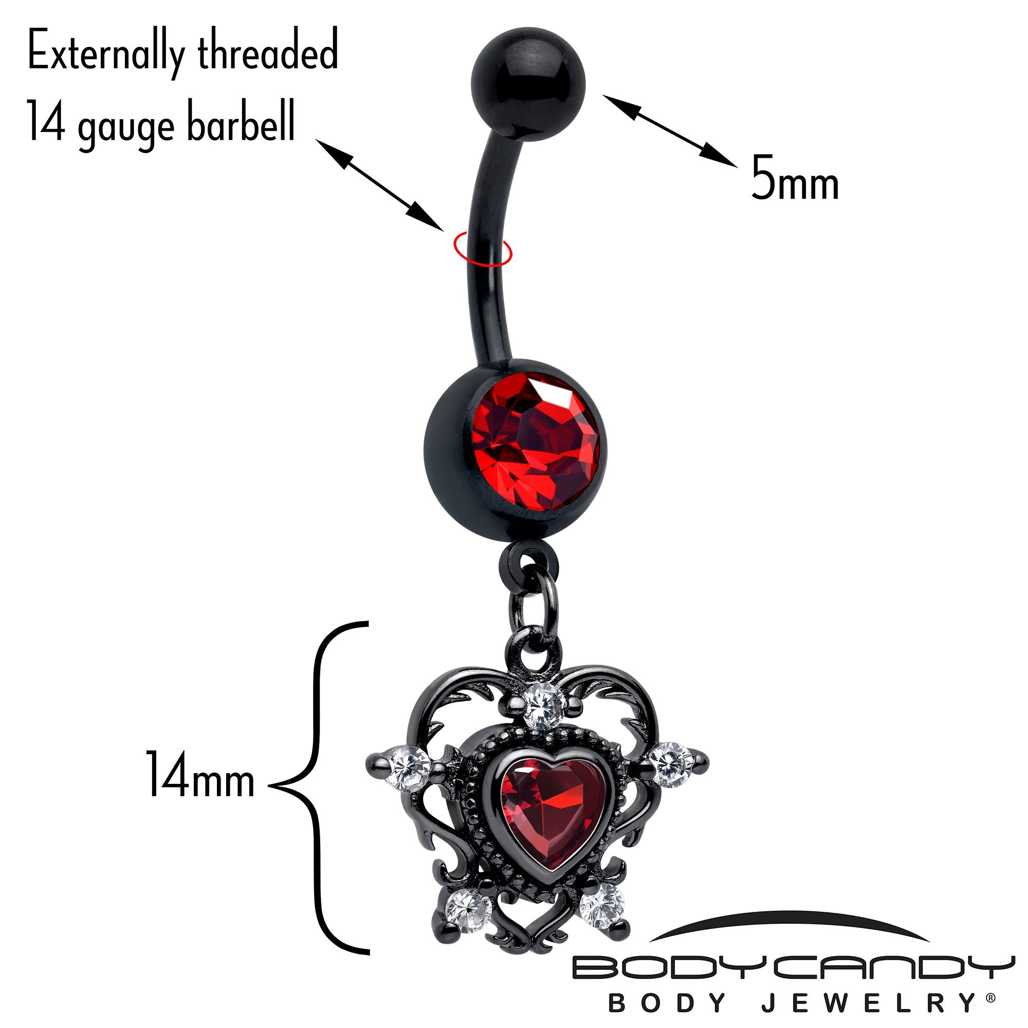 Red CZ gem black double heart dangle belly ring by BodyCandy, featuring a stylish dangling design and heart-shaped accents.