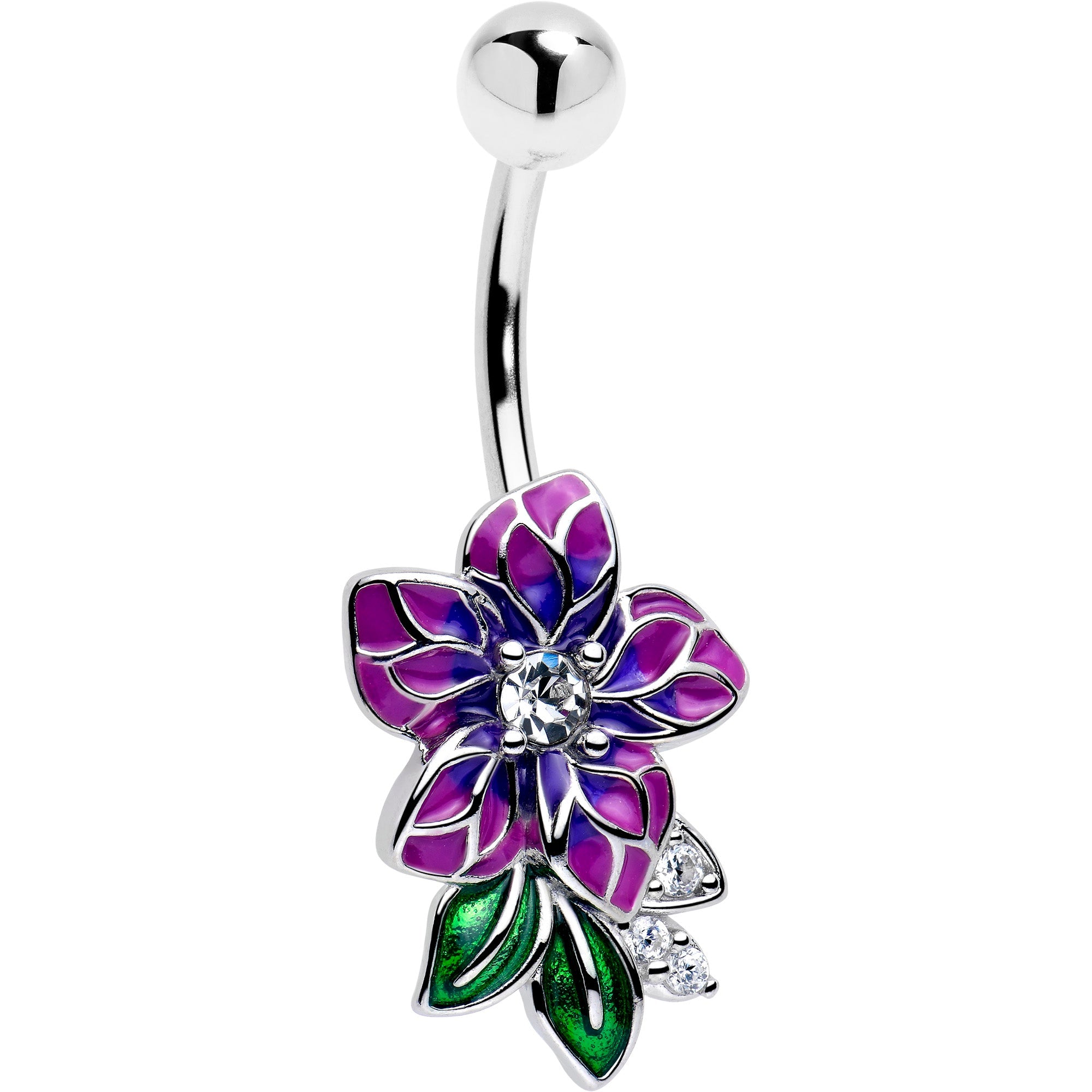 Clear CZ gem flower purple belly ring from BodyCandy, featuring a decorative flower design for navel piercing.