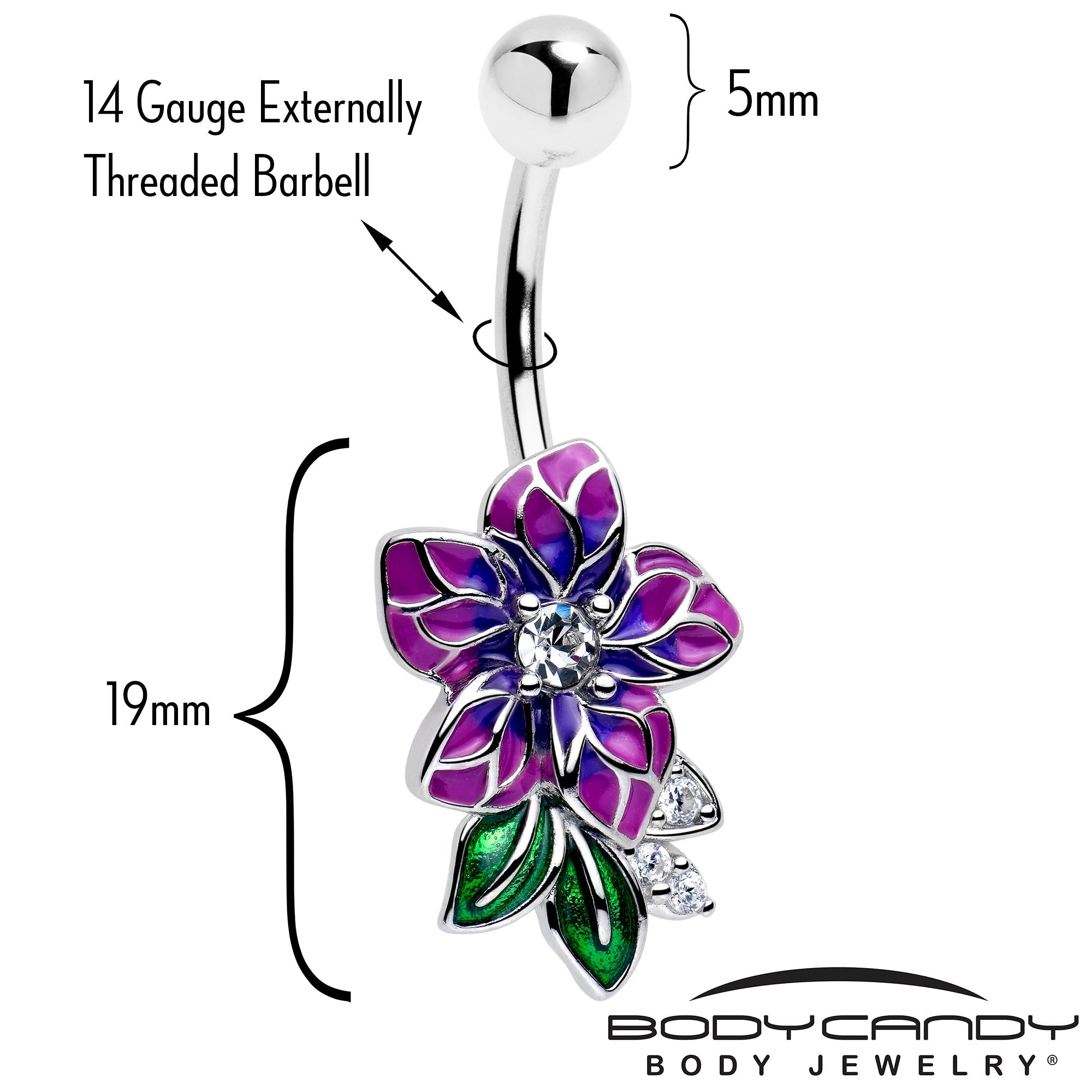 Clear CZ gem flower purple belly ring from BodyCandy, featuring a decorative floral design for belly piercing.